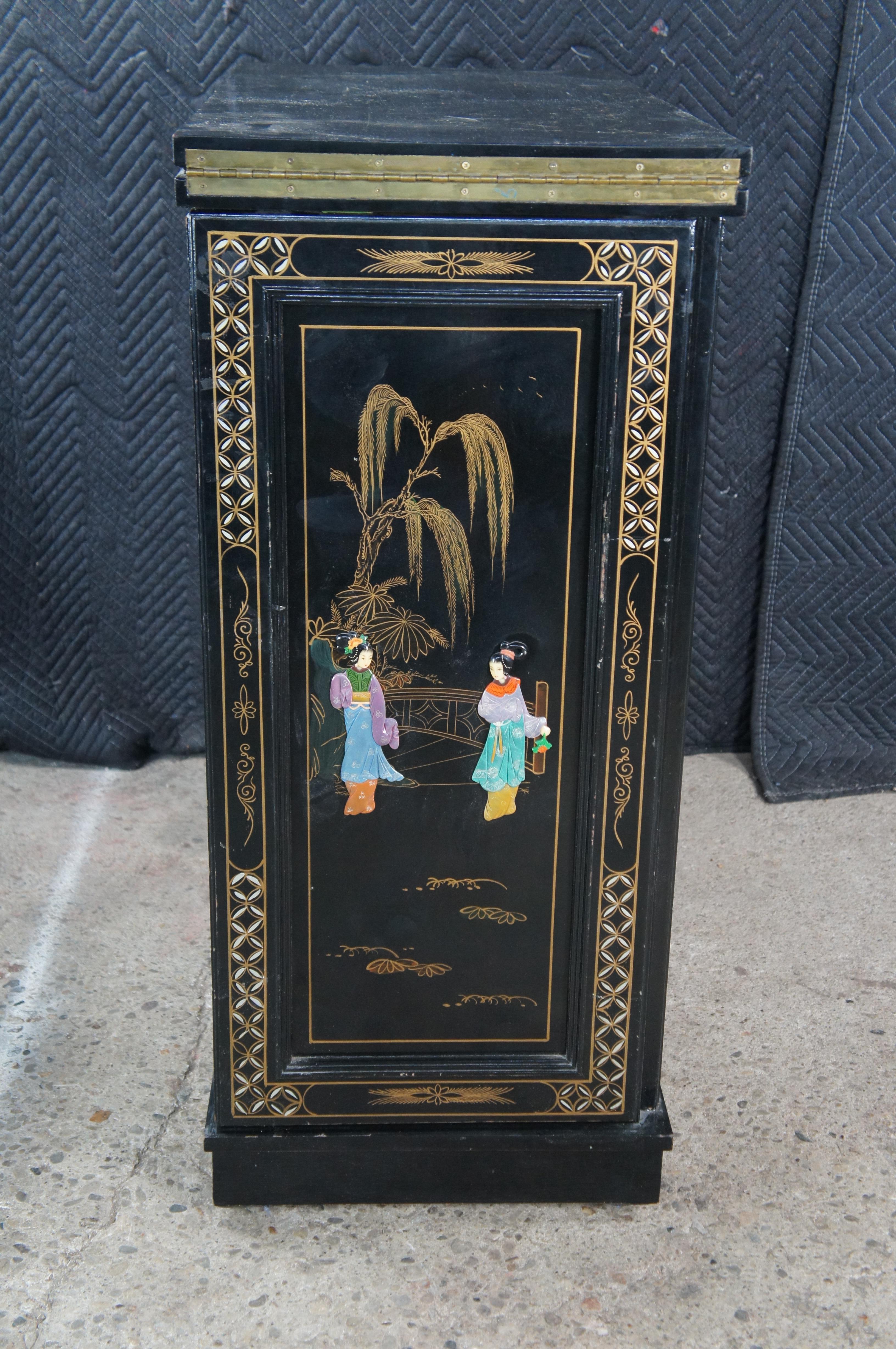 Vintage Chinese Black Lacquer Figural Soapstone Folding Dry Bar Chinoiserie 71