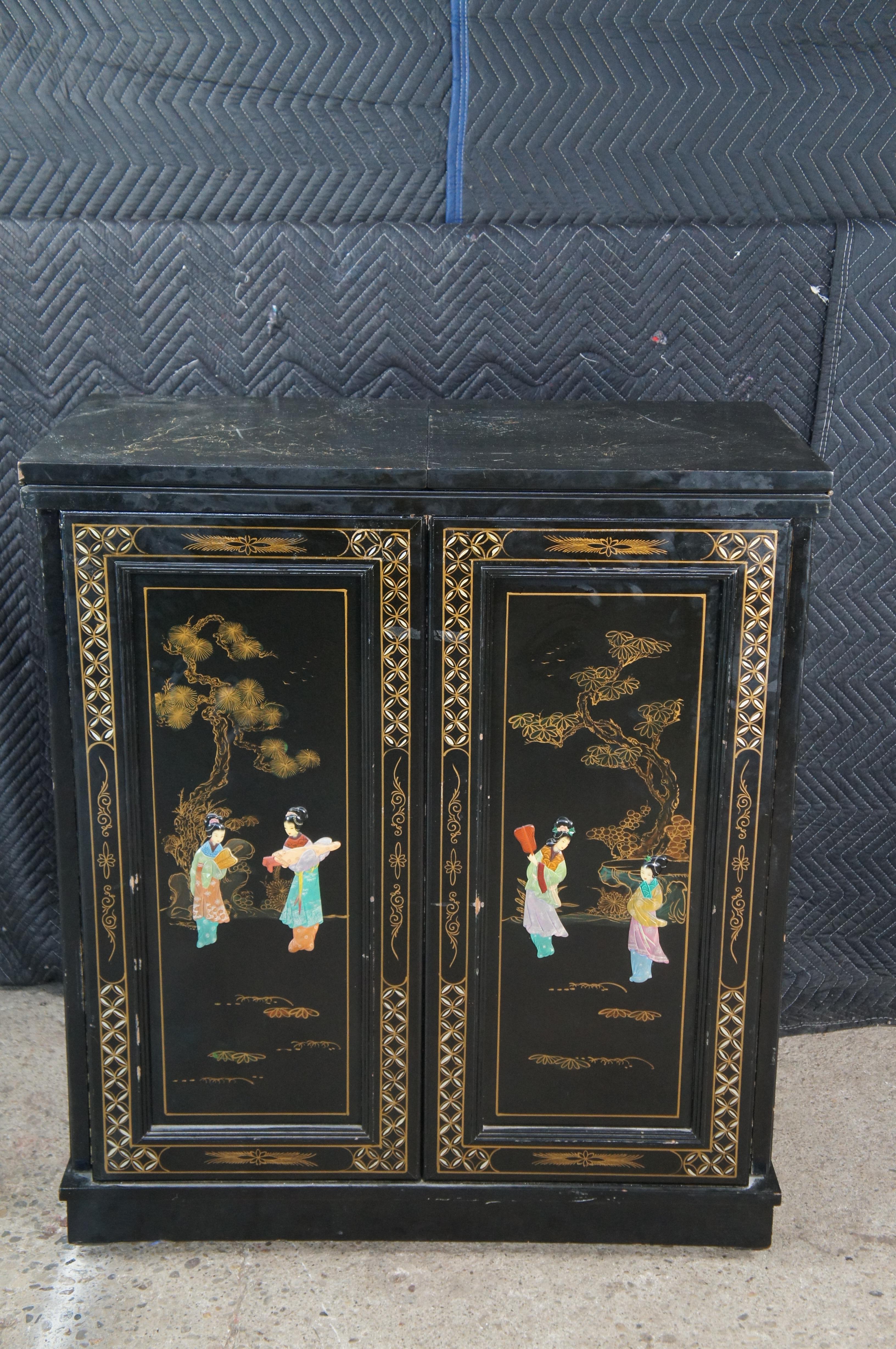 Vintage Chinese Black Lacquer Figural Soapstone Folding Dry Bar Chinoiserie 71