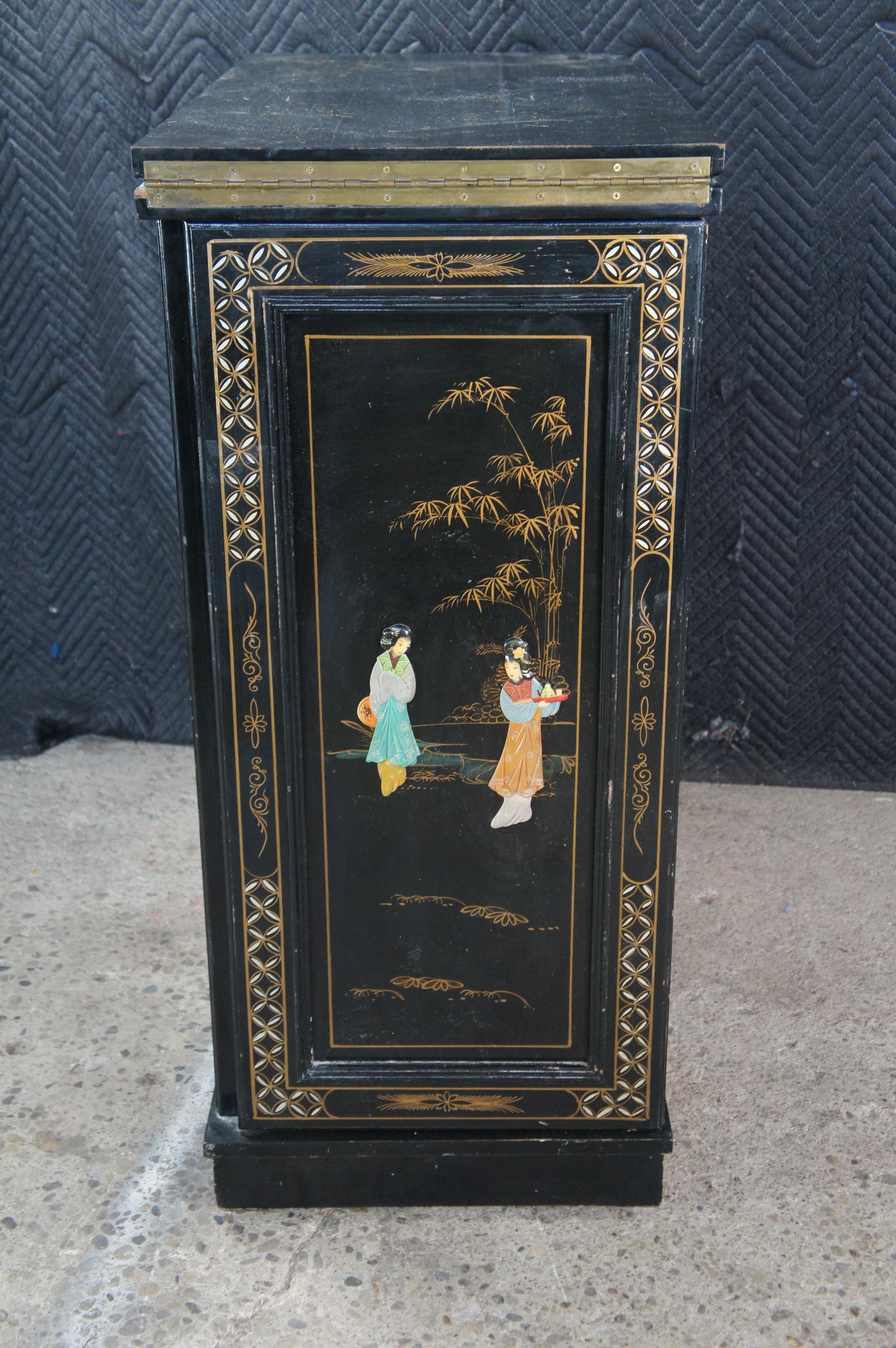 Vintage Chinese Black Lacquer Figural Soapstone Folding Dry Bar Chinoiserie 71