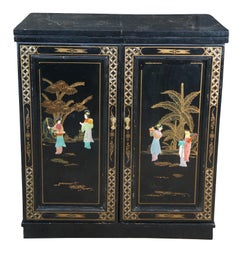 Vintage Chinese Black Lacquer Figural Soapstone Folding Dry Bar Chinoiserie 71"