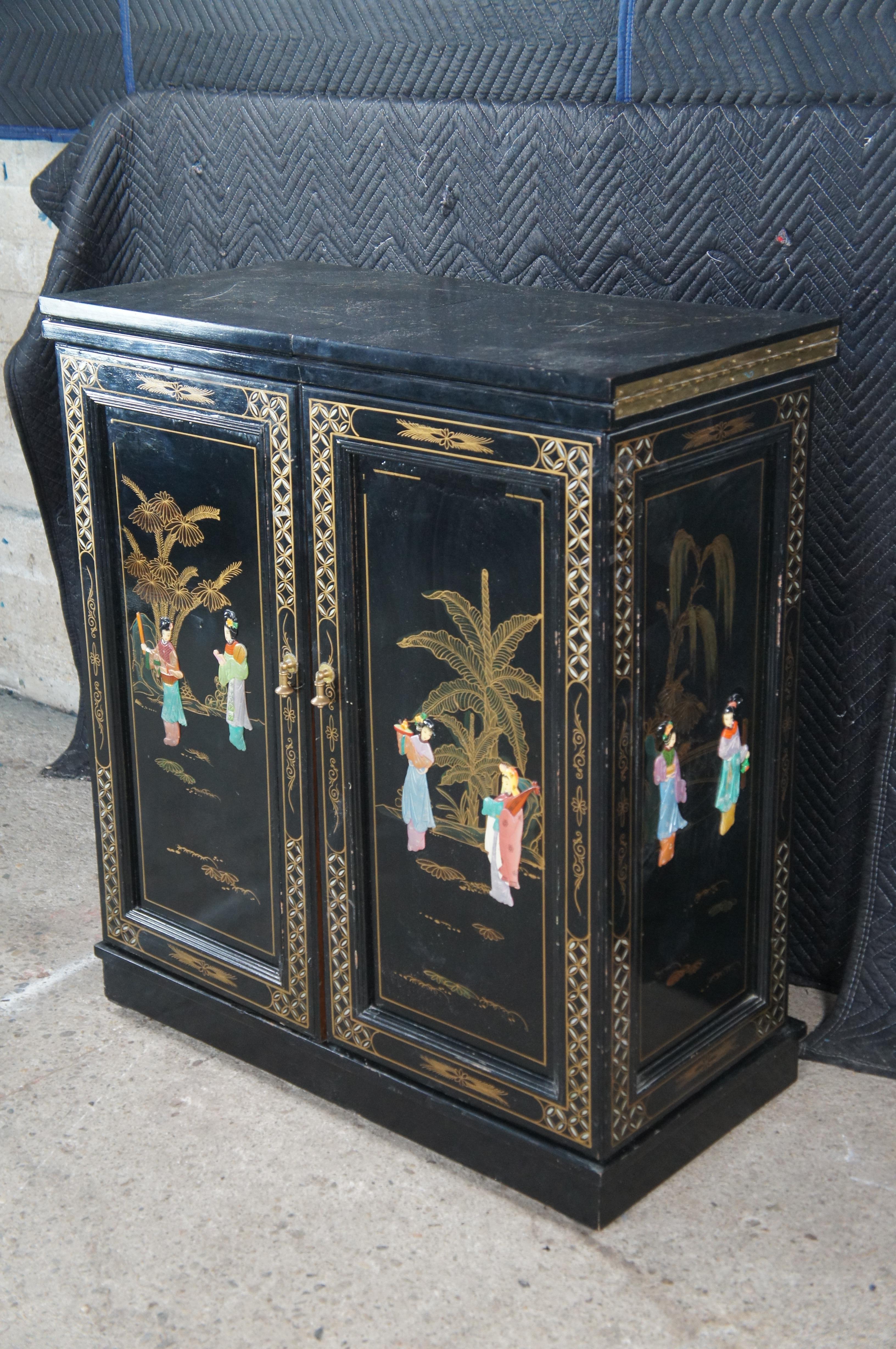 20th Century Vintage Chinese Black Lacquer Figural Soapstone Folding Dry Bar Chinoiserie 71