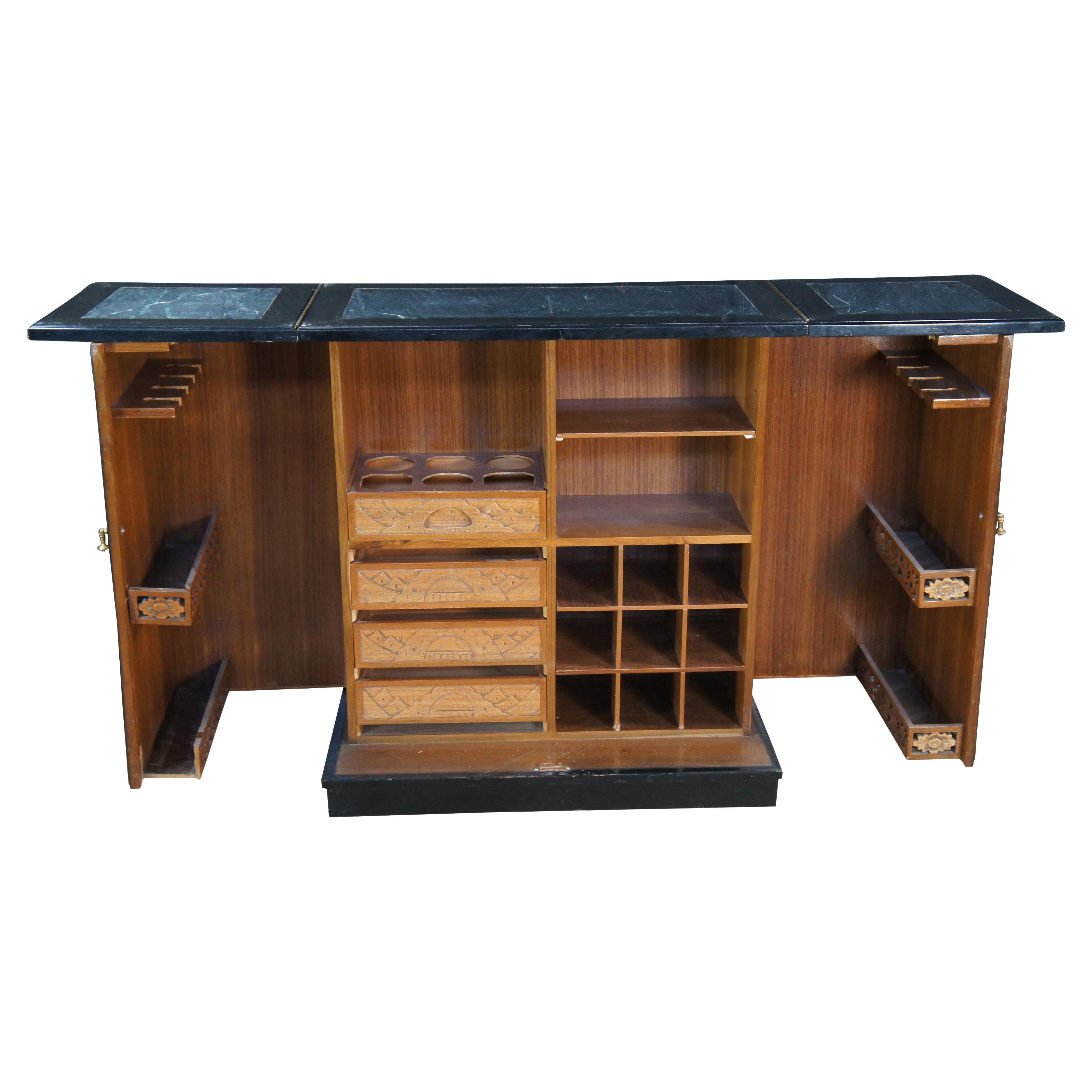 Vintage Chinese Black Lacquer Figural Soapstone Folding Dry Bar Chinoiserie 71" For Sale