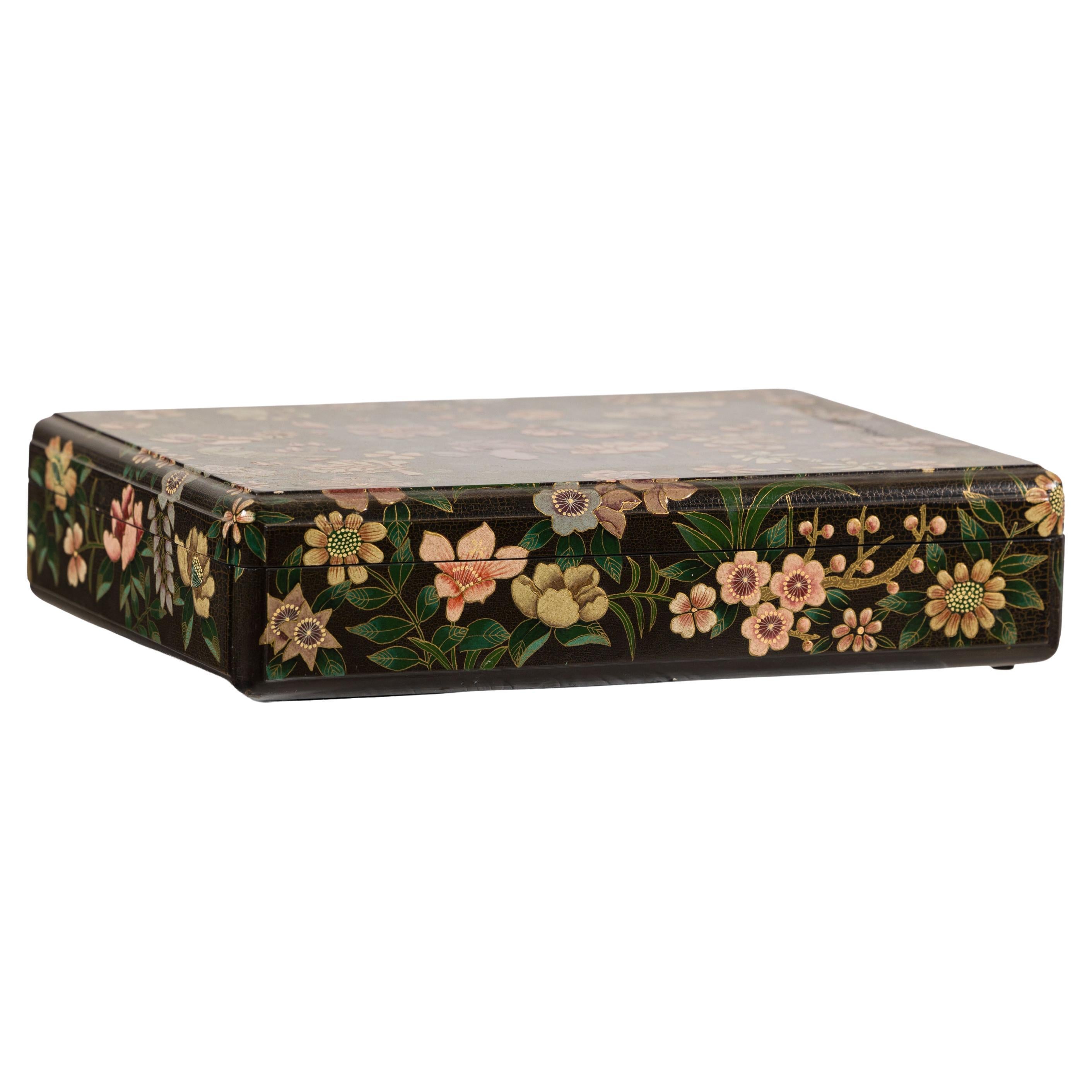 Vintage Chinese Black Lacquer Floral Box with Bird Motif and Felt Interior