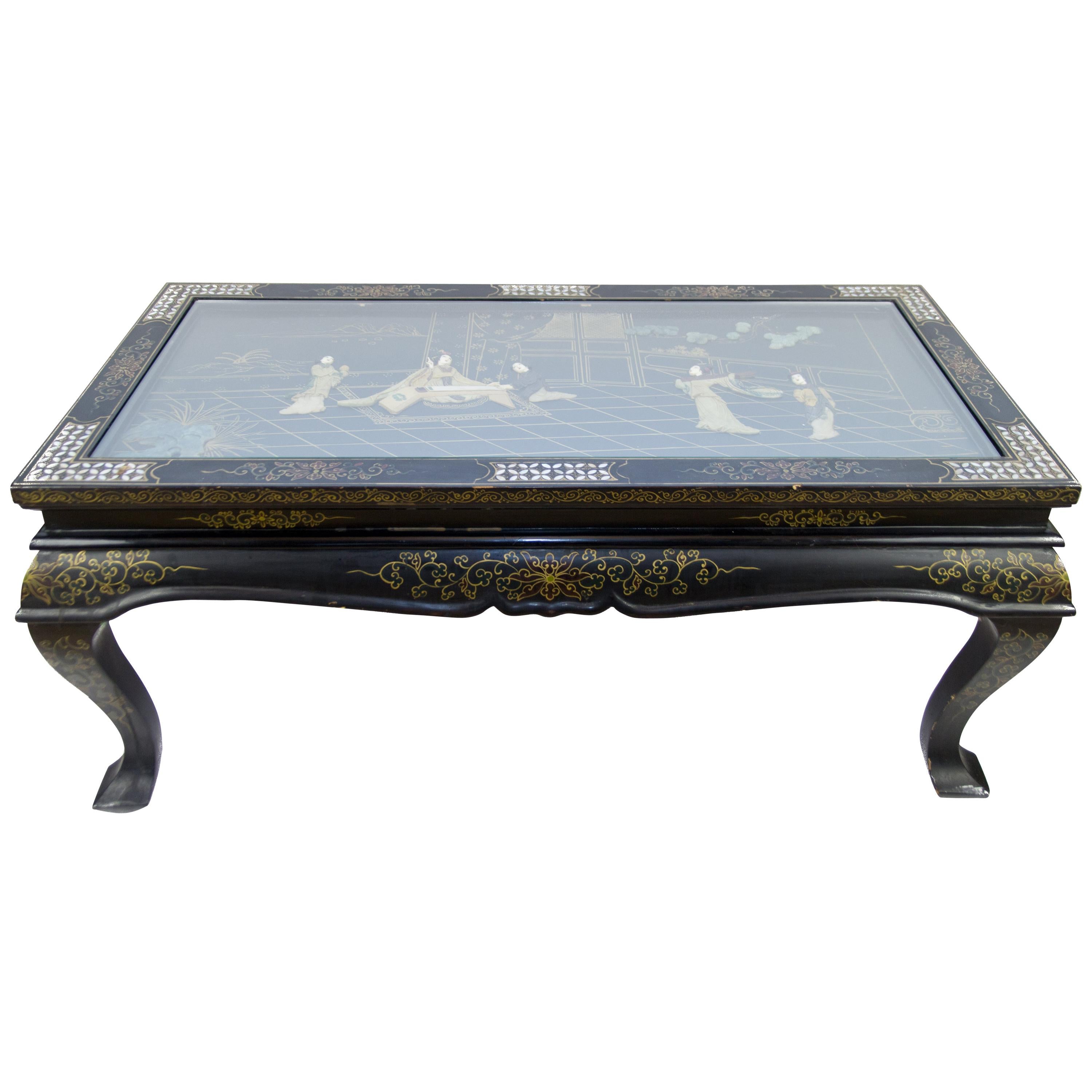 Vintage Chinese Black Lacquer Folding Wood and Mother of Pearl Coffee Table