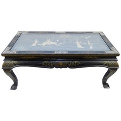 Vintage Chinese Black Lacquer Folding Wood and Mother of Pearl Coffee Table