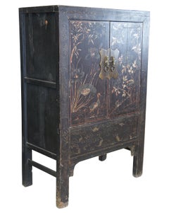 Vintage Chinese Black Lacquer Hand Painted Armoire Wardrobe Cabinet Duck Scene