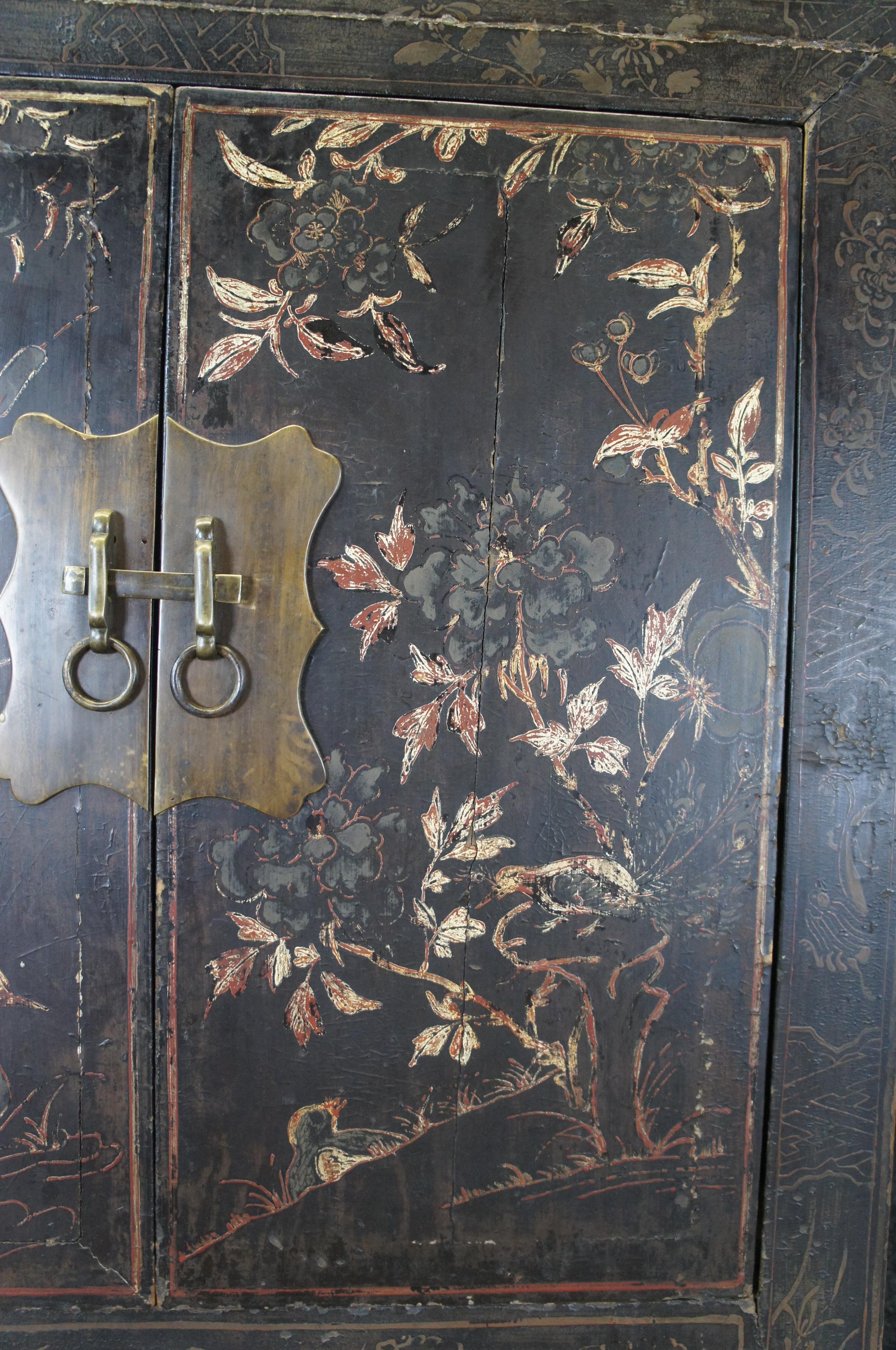 Vintage Chinese Black Lacquer Hand Painted Armoire Wardrobe Cabinet Duck Scene 2