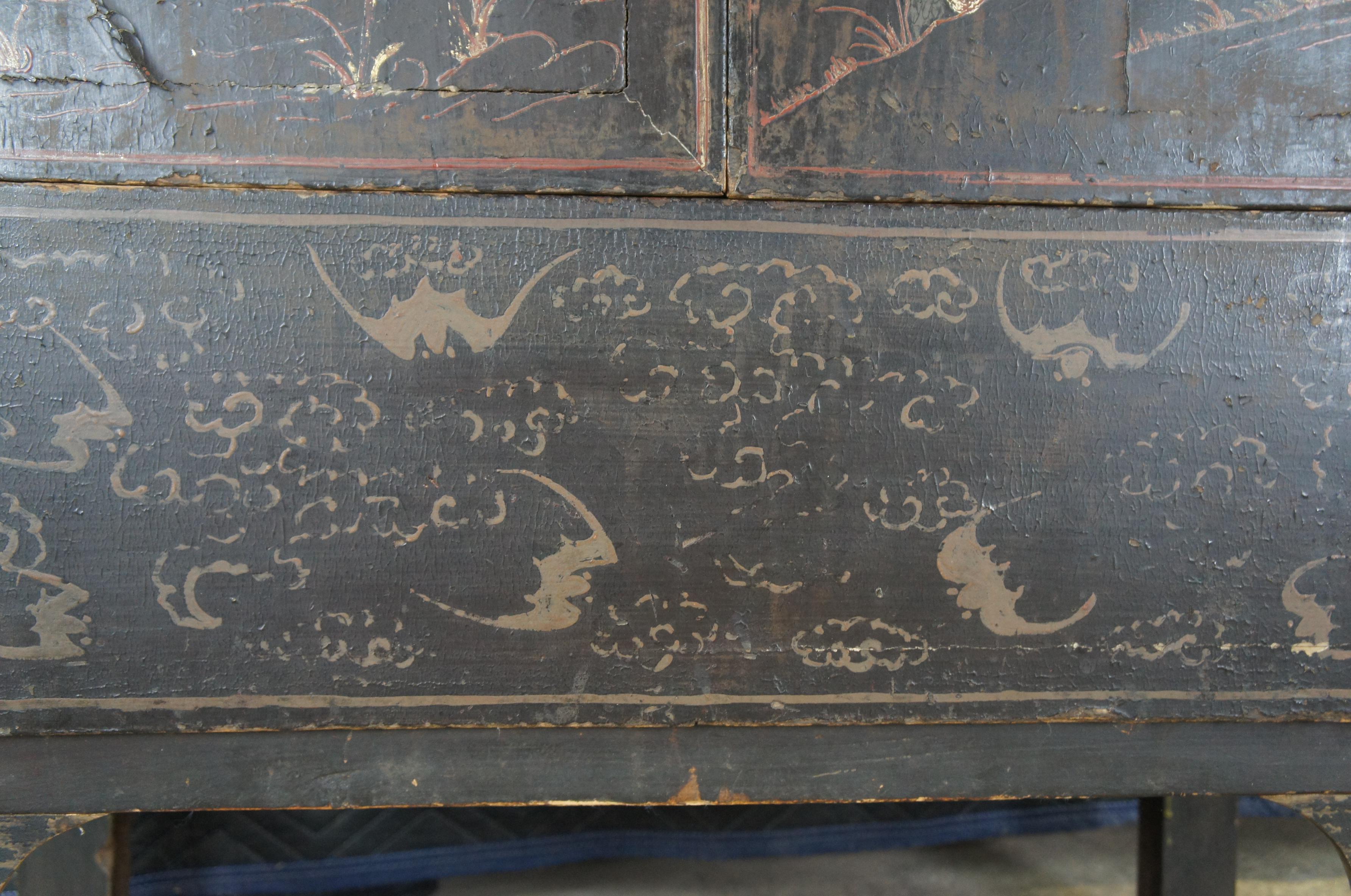 Vintage Chinese Black Lacquer Hand Painted Armoire Wardrobe Cabinet Duck Scene For Sale 3