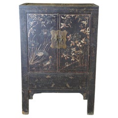 Armoire chinoise vintage en laque noire peinte à la main - Scène de canard