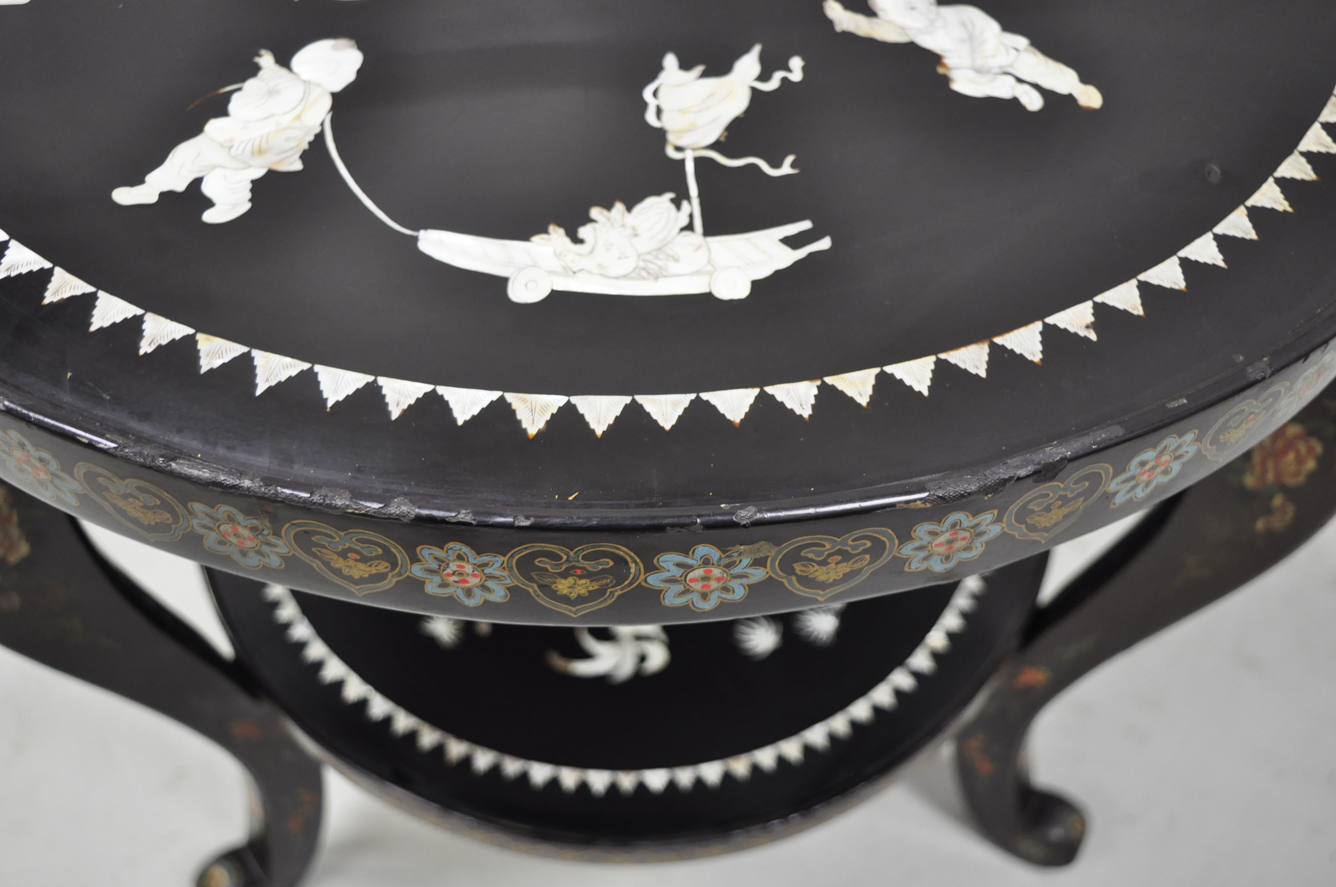 Vintage Chinese Black Lacquer Mother of Pearl Inlay Round Occasional Side Table 2