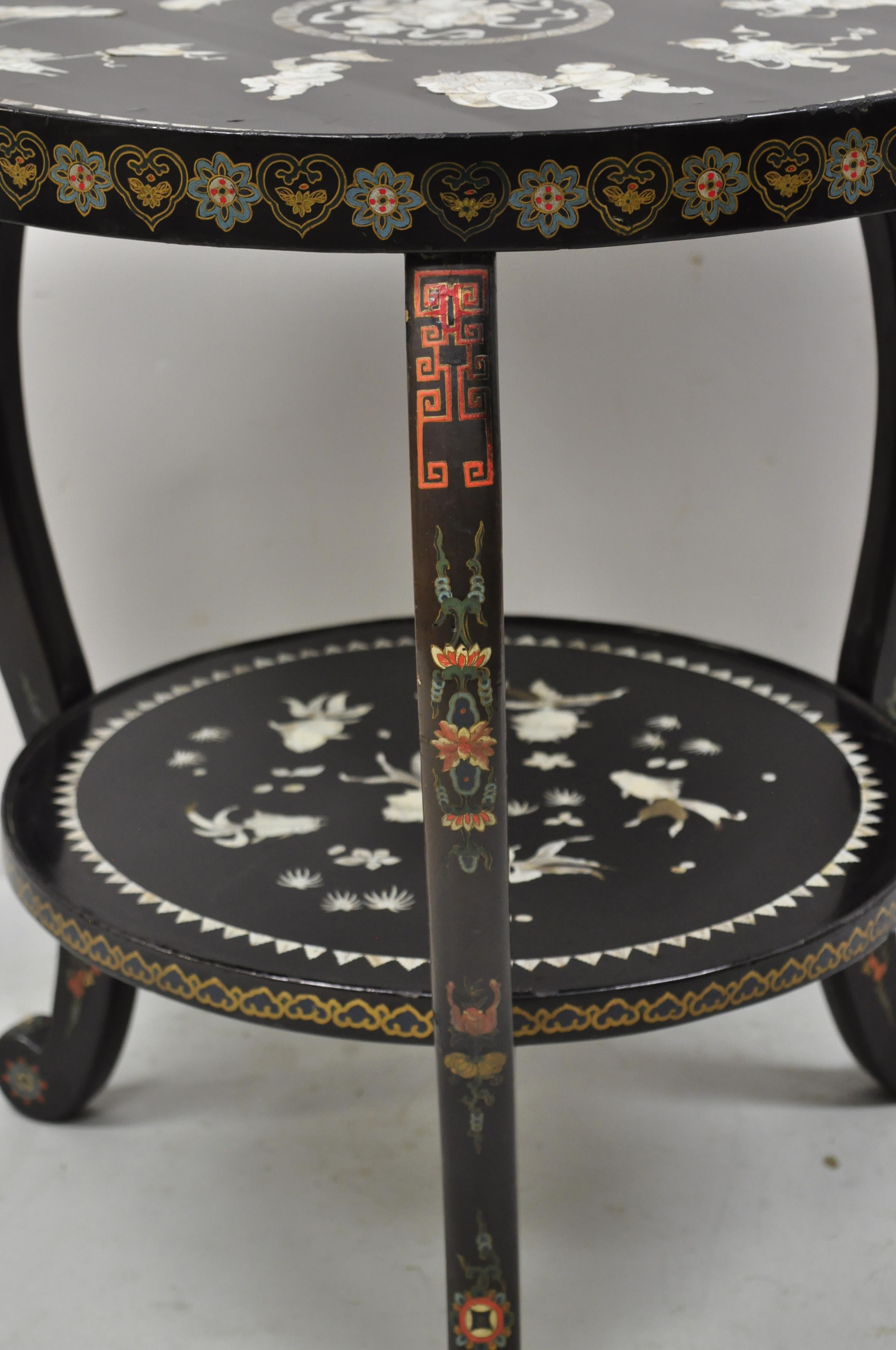 Vintage Chinese Black Lacquer Mother of Pearl Inlay Round Occasional Side Table 4