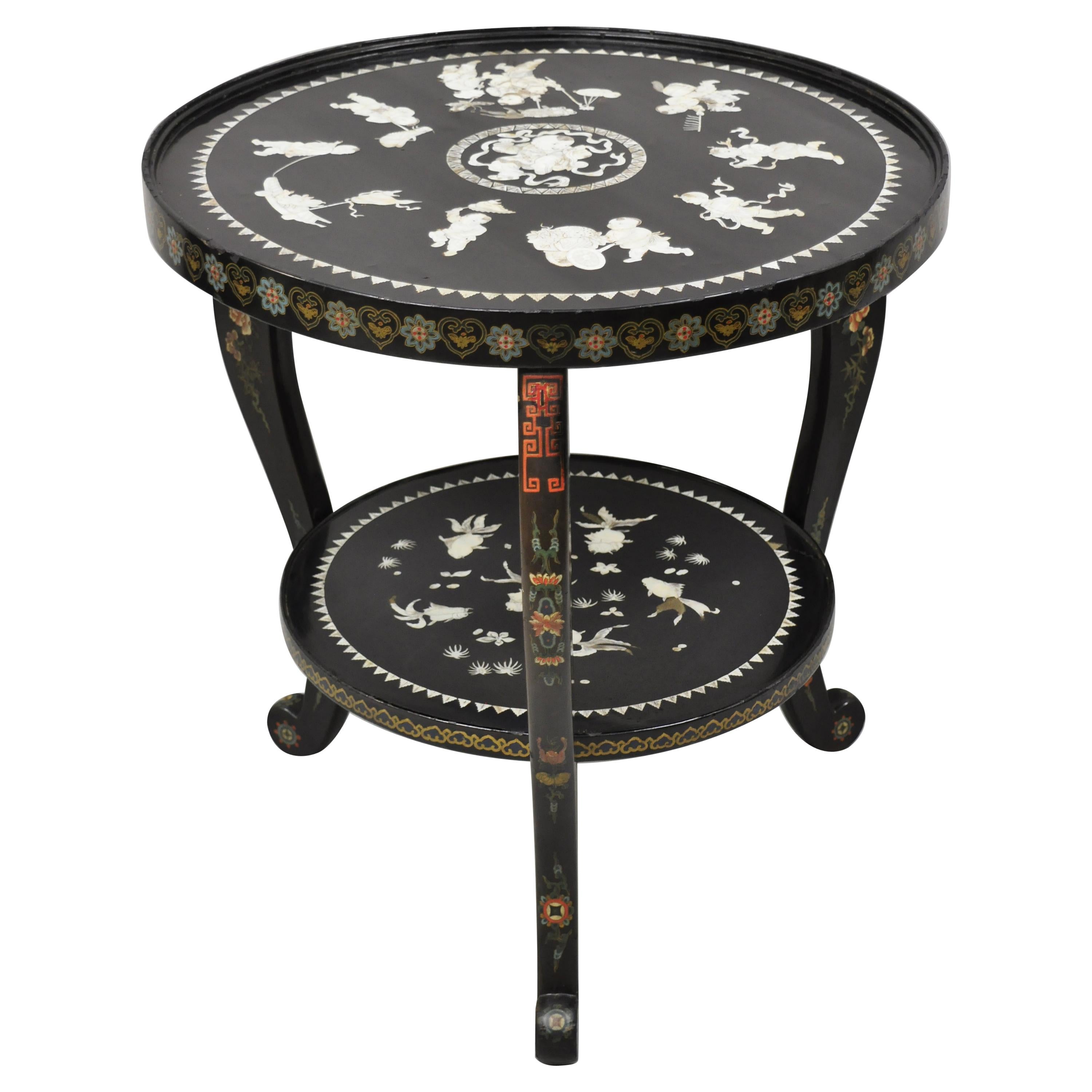 Vintage Chinese Black Lacquer Mother of Pearl Inlay Round Occasional Side Table