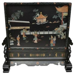 Vintage Chinese Black Lacquer Oriental Fireplace Screen Fire Screen Divider