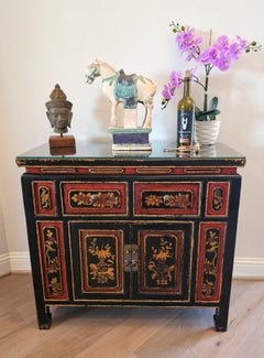 Vintage Chinese Black Lacquered Altar Cabinet