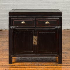 Vintage Chinese Black Lacquered Buffet with Red Highlights, Drawers and Doors