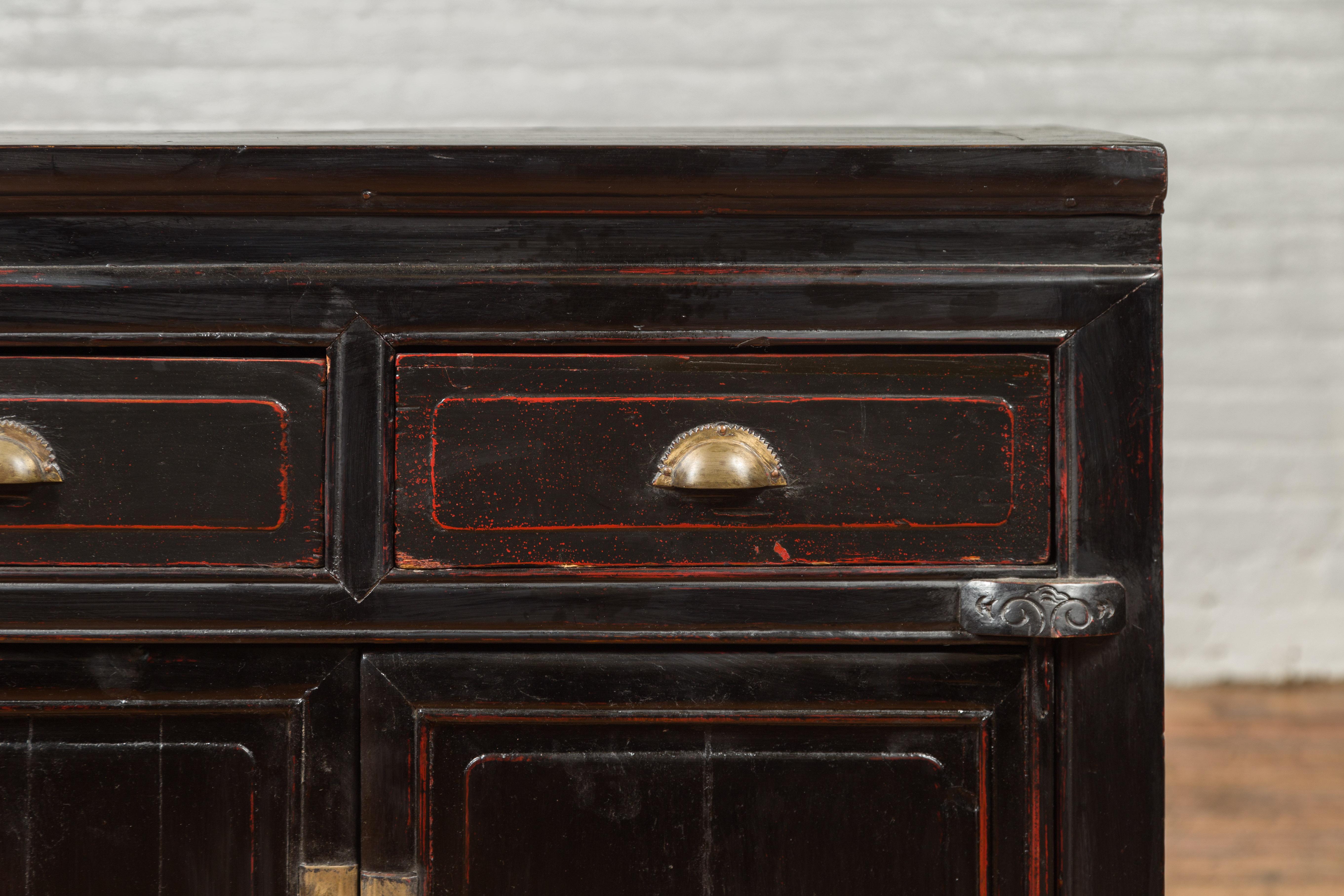 Vintage Chinese Black Lacquered Buffet with Red Highlights, Drawers and Doors 1