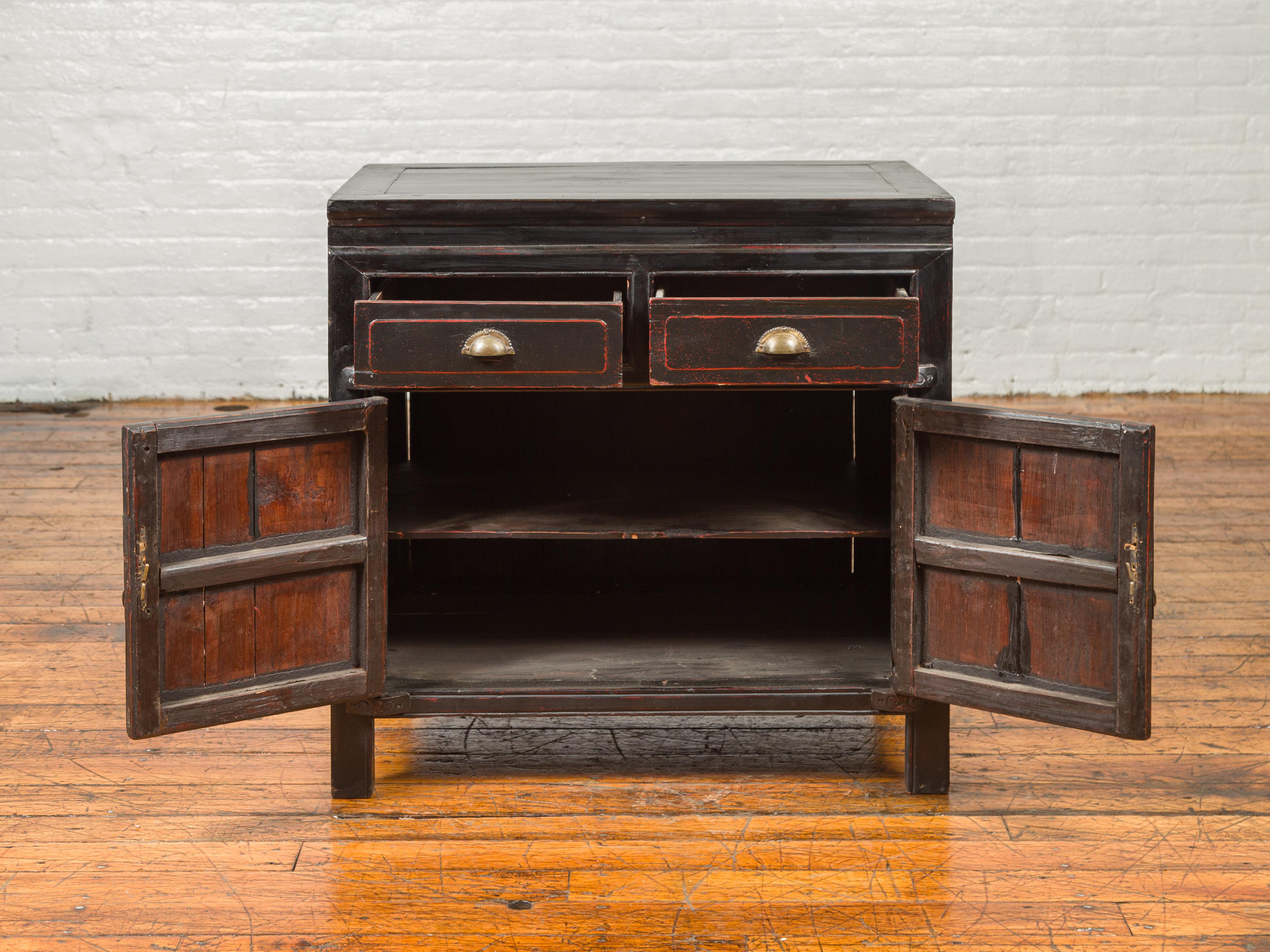 Vintage Chinese Black Lacquered Buffet with Red Highlights, Drawers and Doors 4