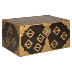 Vintage Chinese Black Lacquered Chest with Gold Geometric Decoration