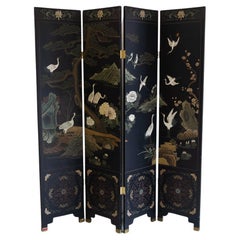 Vintage Chinese Black Lacquered Folding Screen.