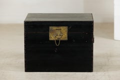 Vintage Chinese Black Lacquered Trunk with Brass Hardware and Side Handles