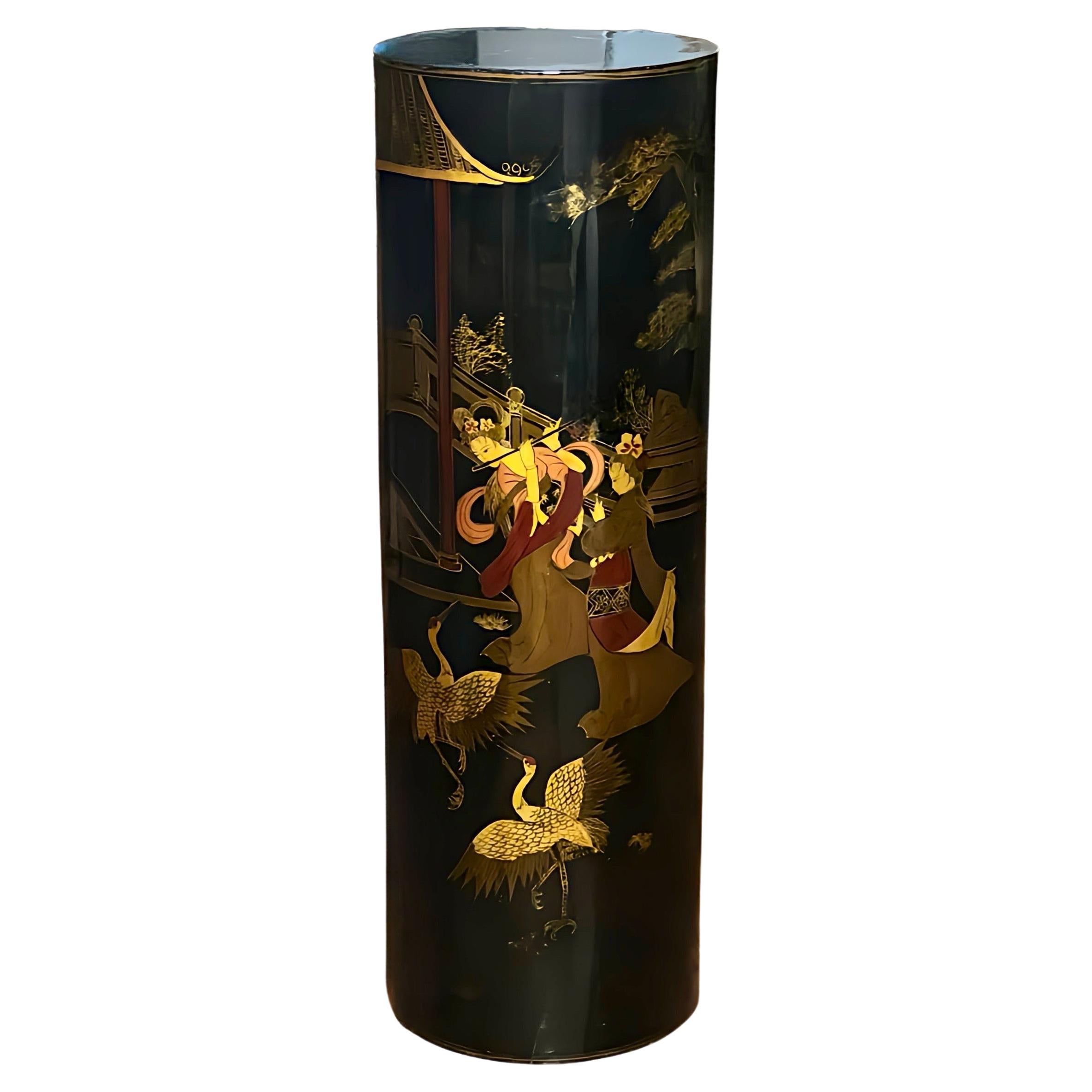 Vintage Chinese Black Lacquered Wood Pedestal For Sale