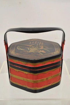 Vintage Chinese Black & Red Lacquer Floral Painted Lidded Wooden Tea Caddy Box