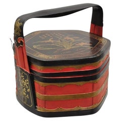 Vintage Chinese Black & Red Lacquer Floral Painted Lidded Wooden Tea Caddy Box