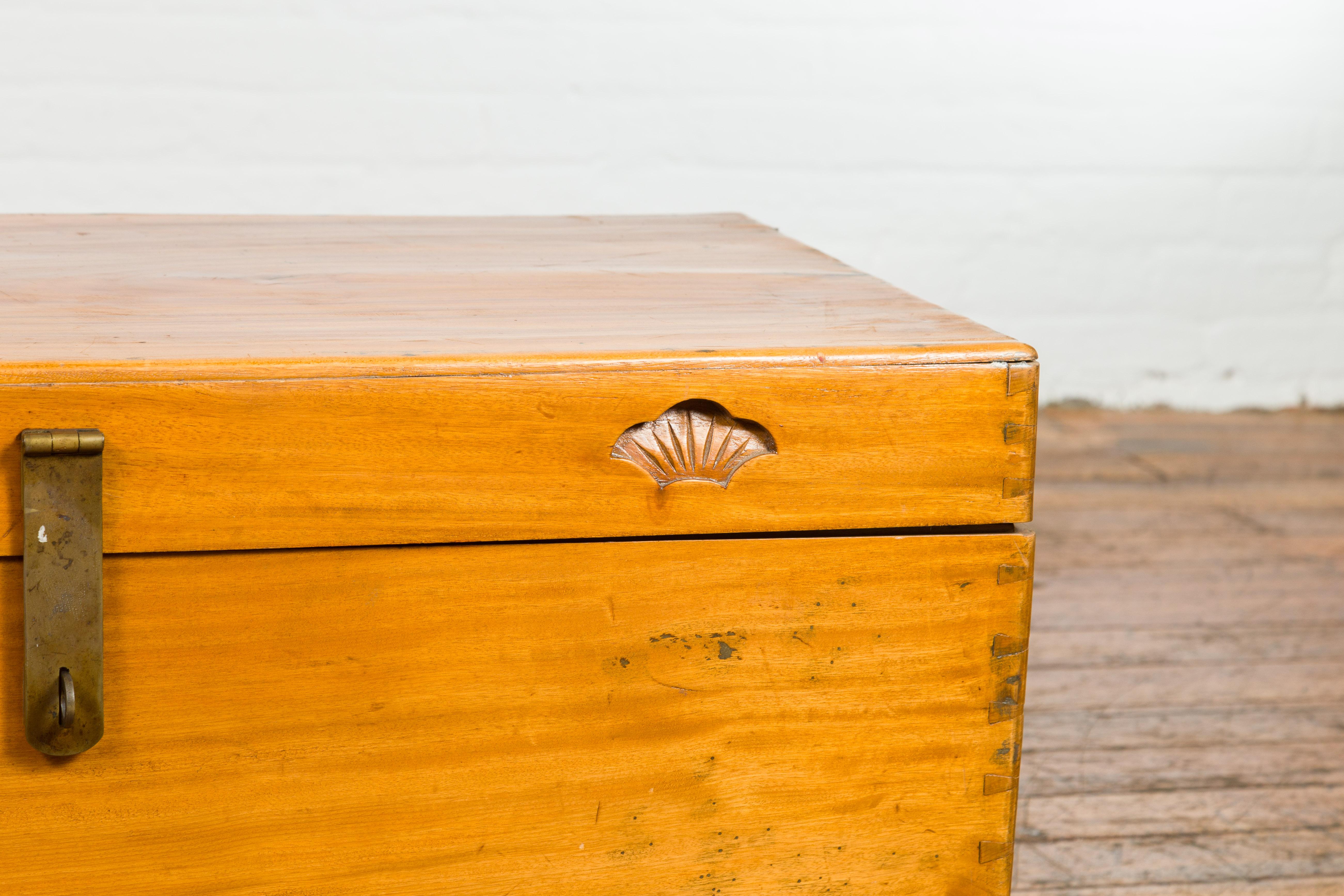 Brass Vintage Chest with Carved Seashells on Lid For Sale