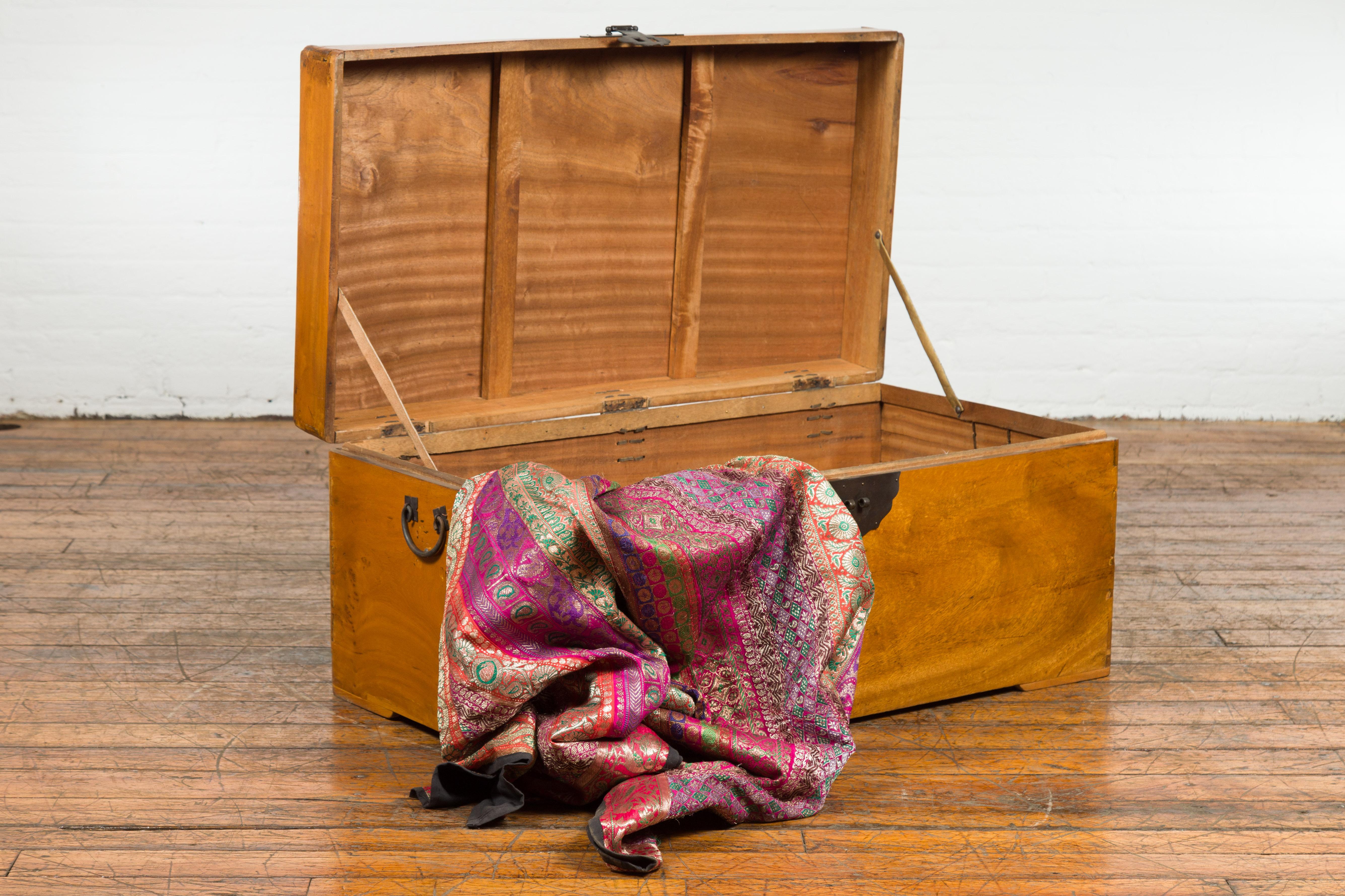 Iron Vintage Chinese Blanket Chest with Lateral Handles and Dovetail Construction