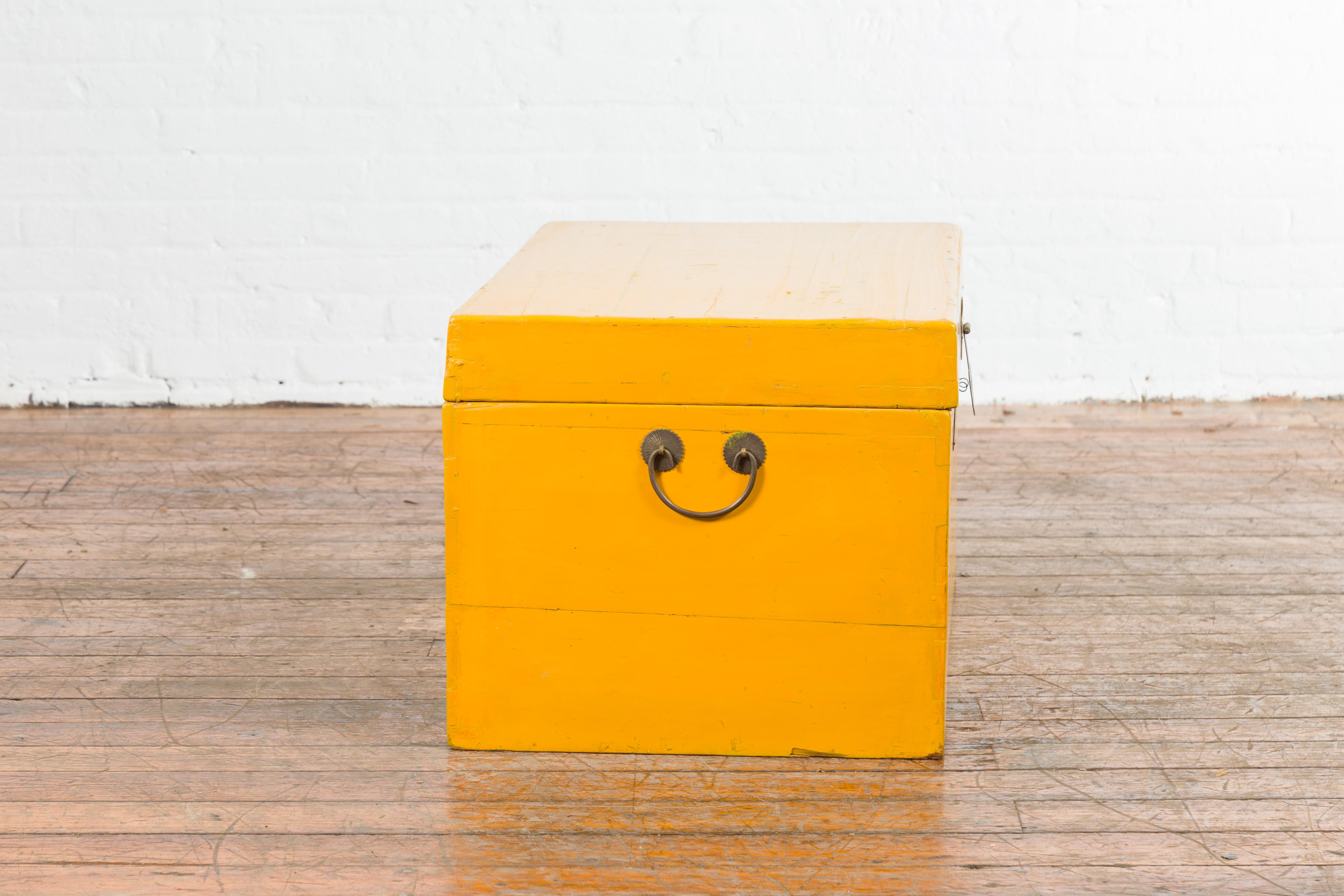 Vintage Chinese Blanket Chest with Yellow Lacquer and Brass Hardware 3