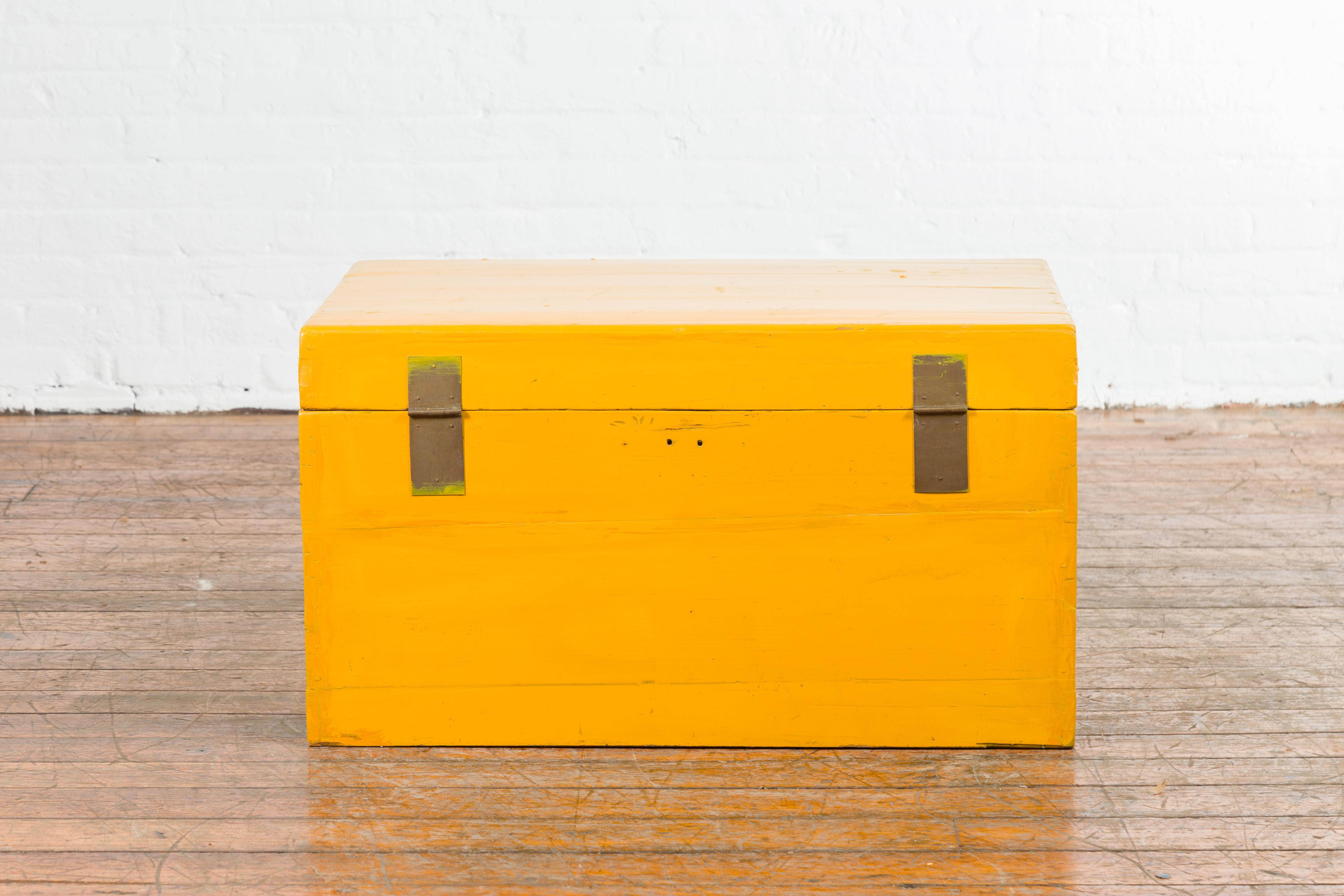 Vintage Chinese Blanket Chest with Yellow Lacquer and Brass Hardware 4