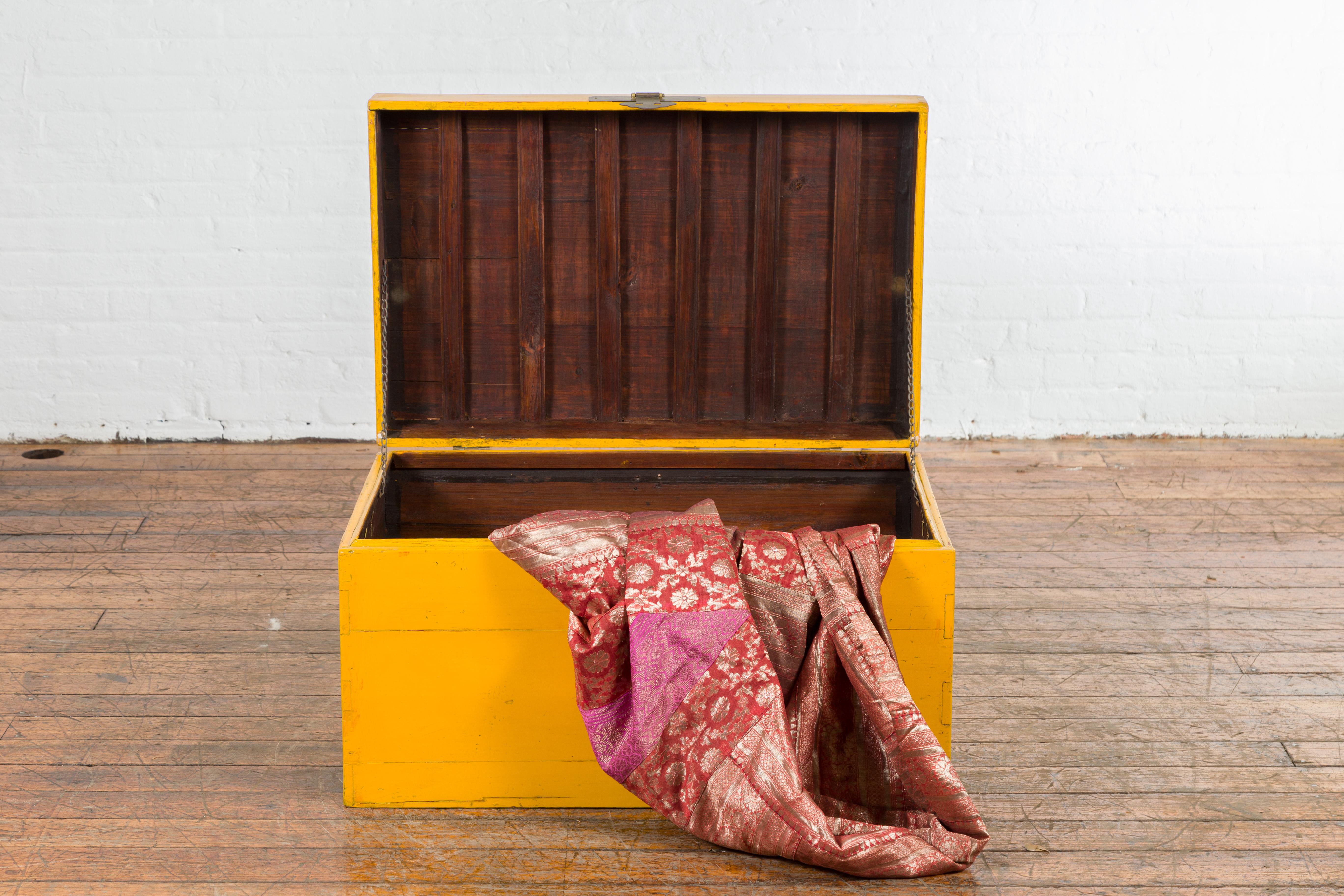 Lacquered Vintage Chinese Blanket Chest with Yellow Lacquer and Brass Hardware