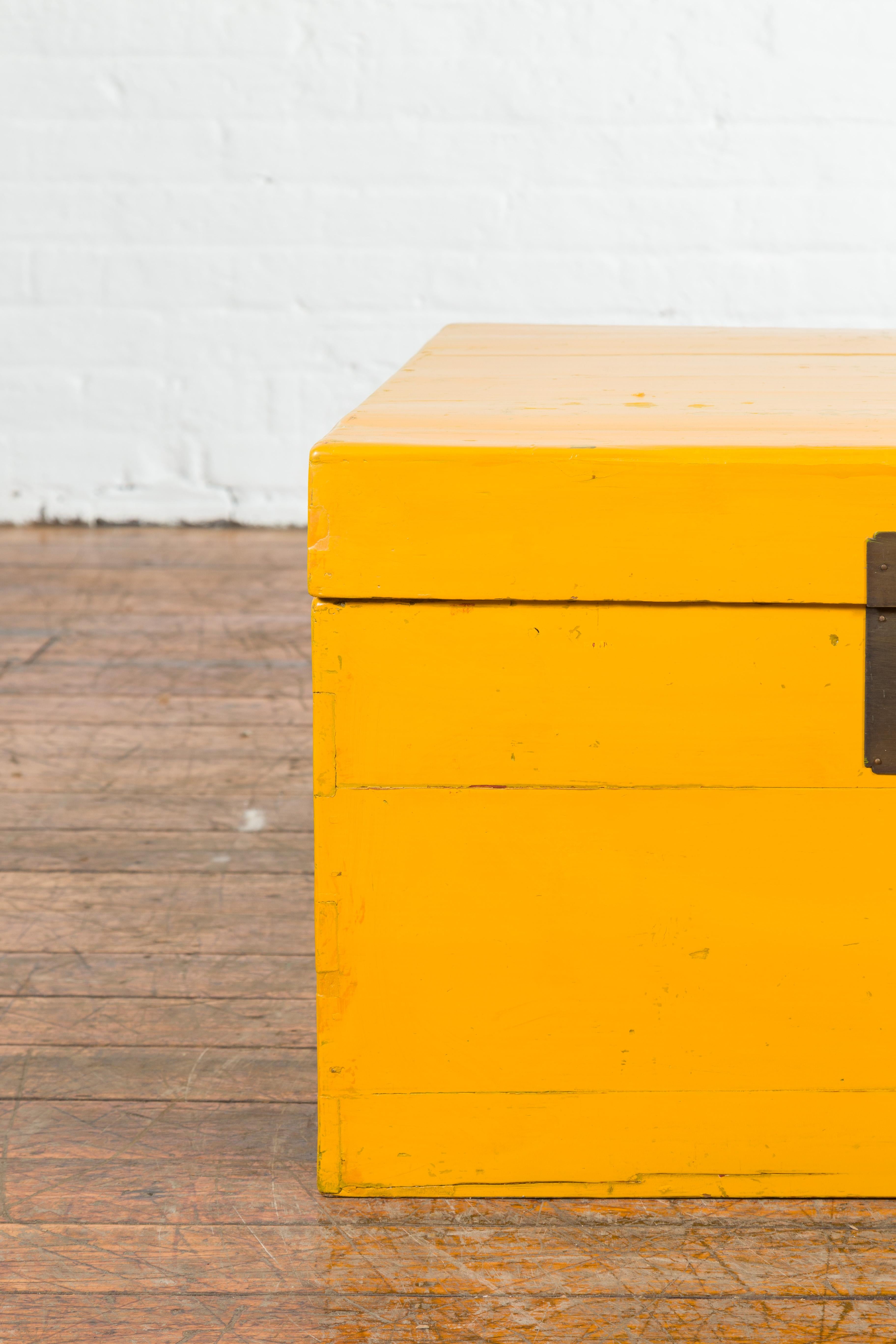 Wood Vintage Chinese Blanket Chest with Yellow Lacquer and Brass Hardware