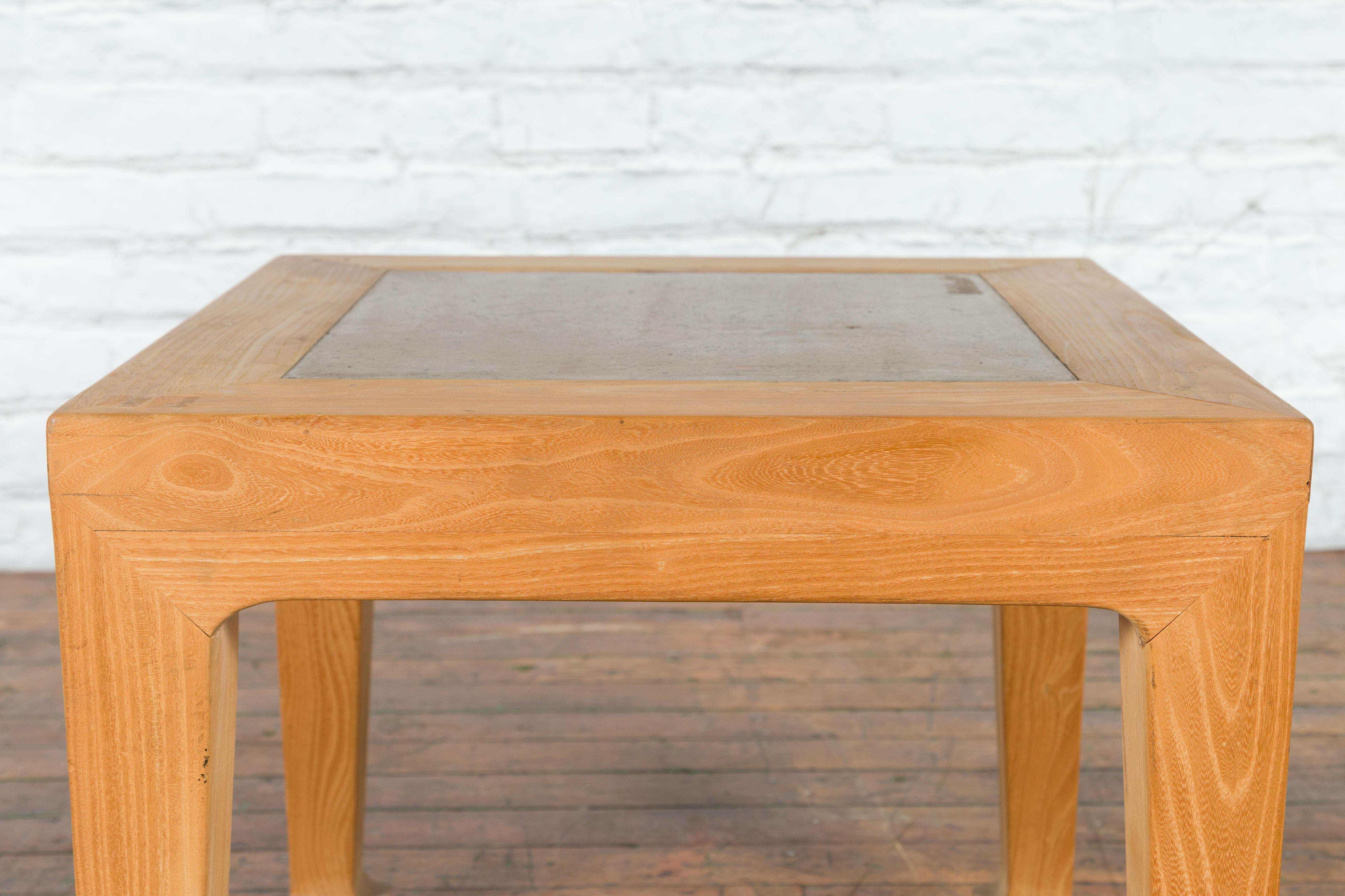 Vintage Chinese Bleached Elmwood Square Side Table with Stone Tile Inset Top For Sale 5