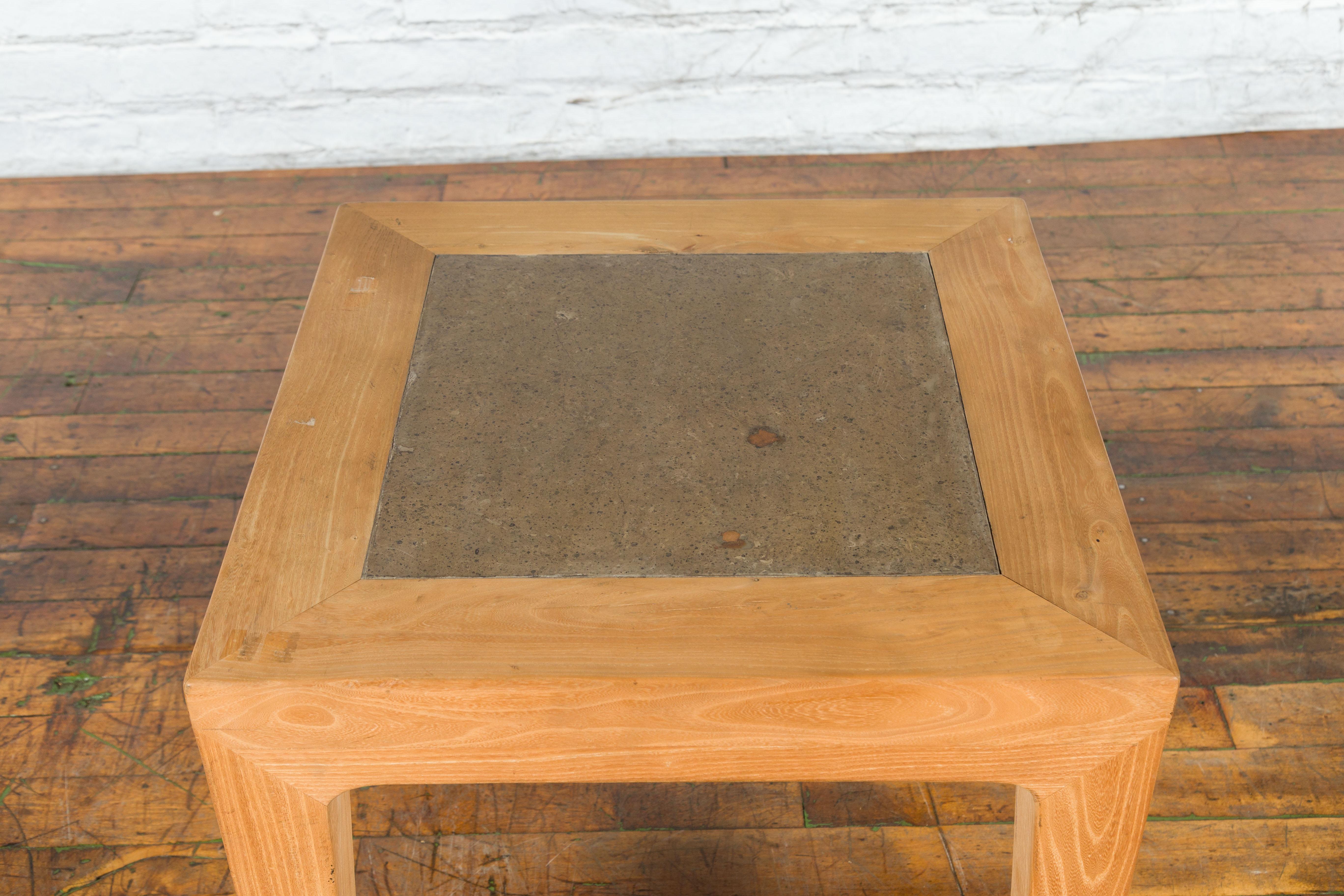 Vintage Chinese Bleached Elmwood Square Side Table with Stone Tile Inset Top For Sale 6