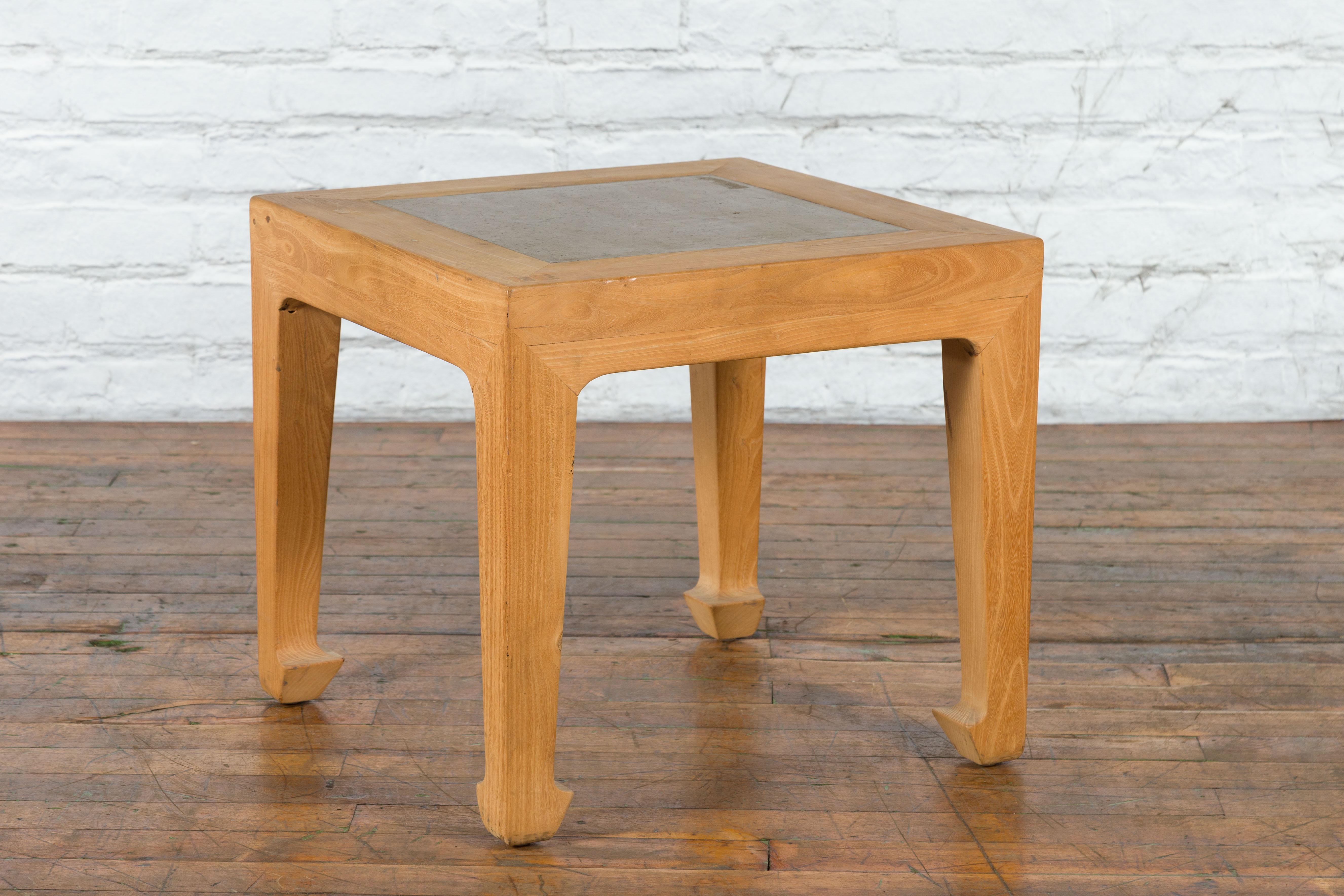 Vintage Bleached Elmwood Square Side Table with Stone Tile Inset Top For Sale 6