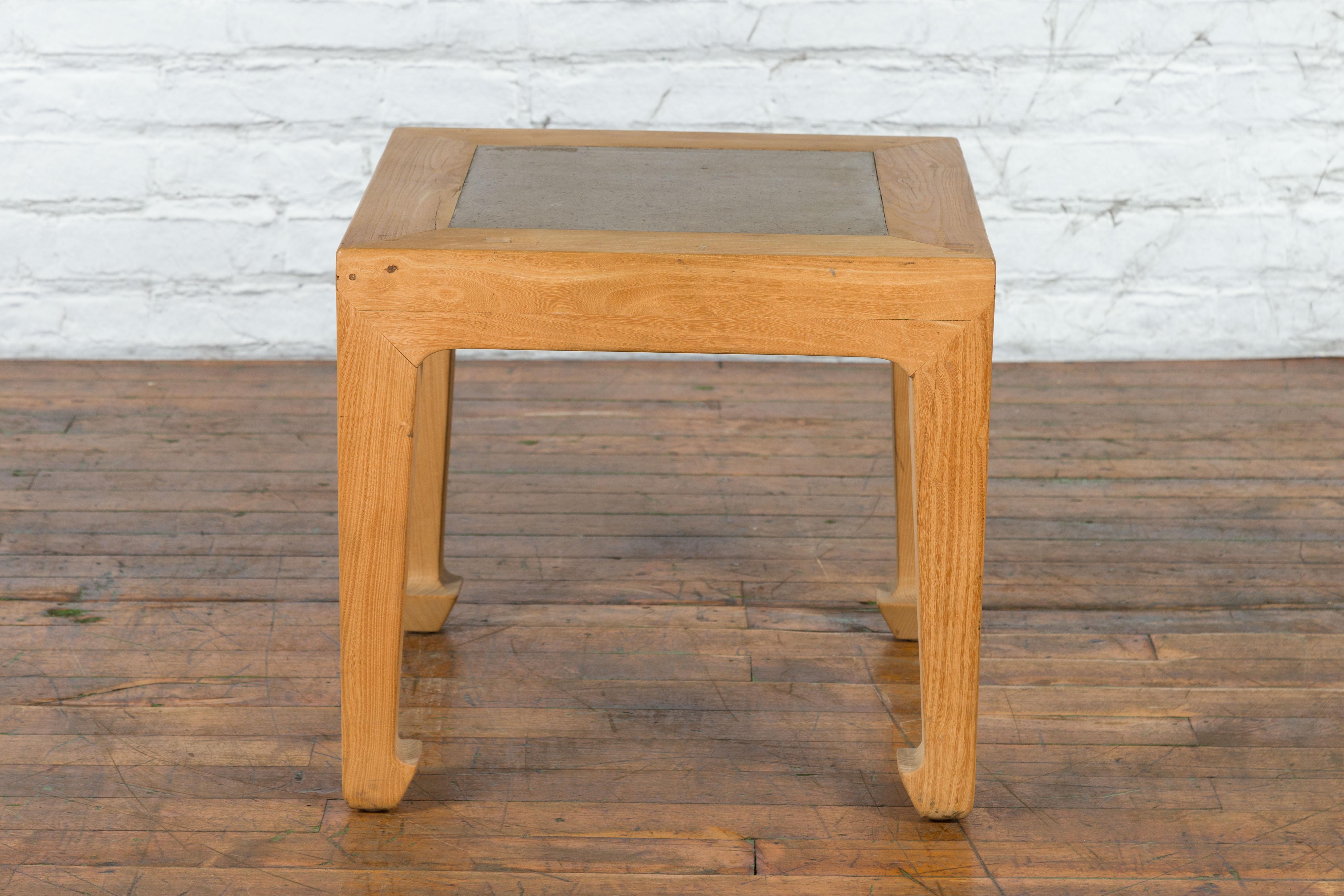 Vintage Chinese Bleached Elmwood Square Side Table with Stone Tile Inset Top For Sale 8