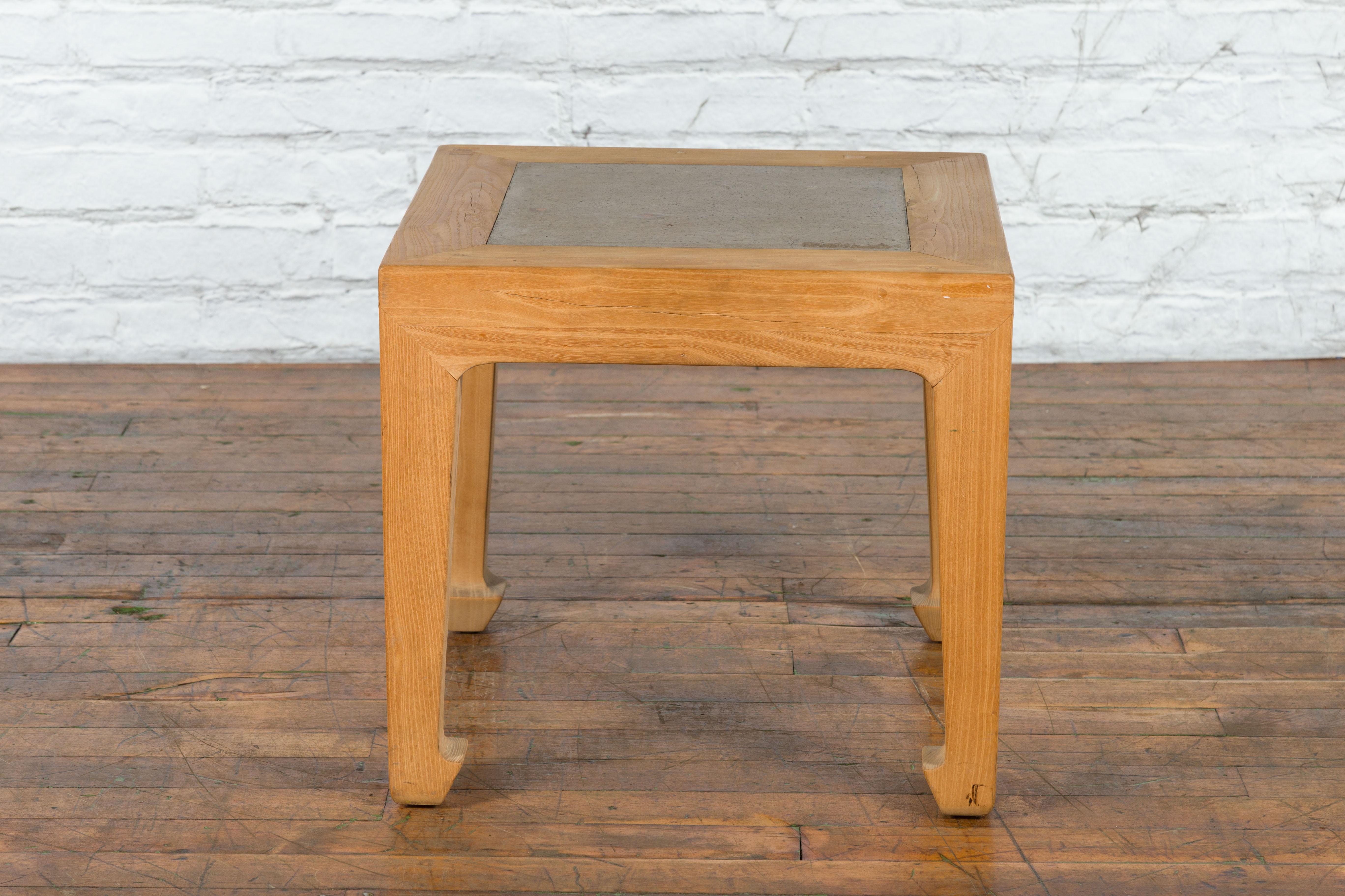 Vintage Chinese Bleached Elmwood Square Side Table with Stone Tile Inset Top For Sale 11