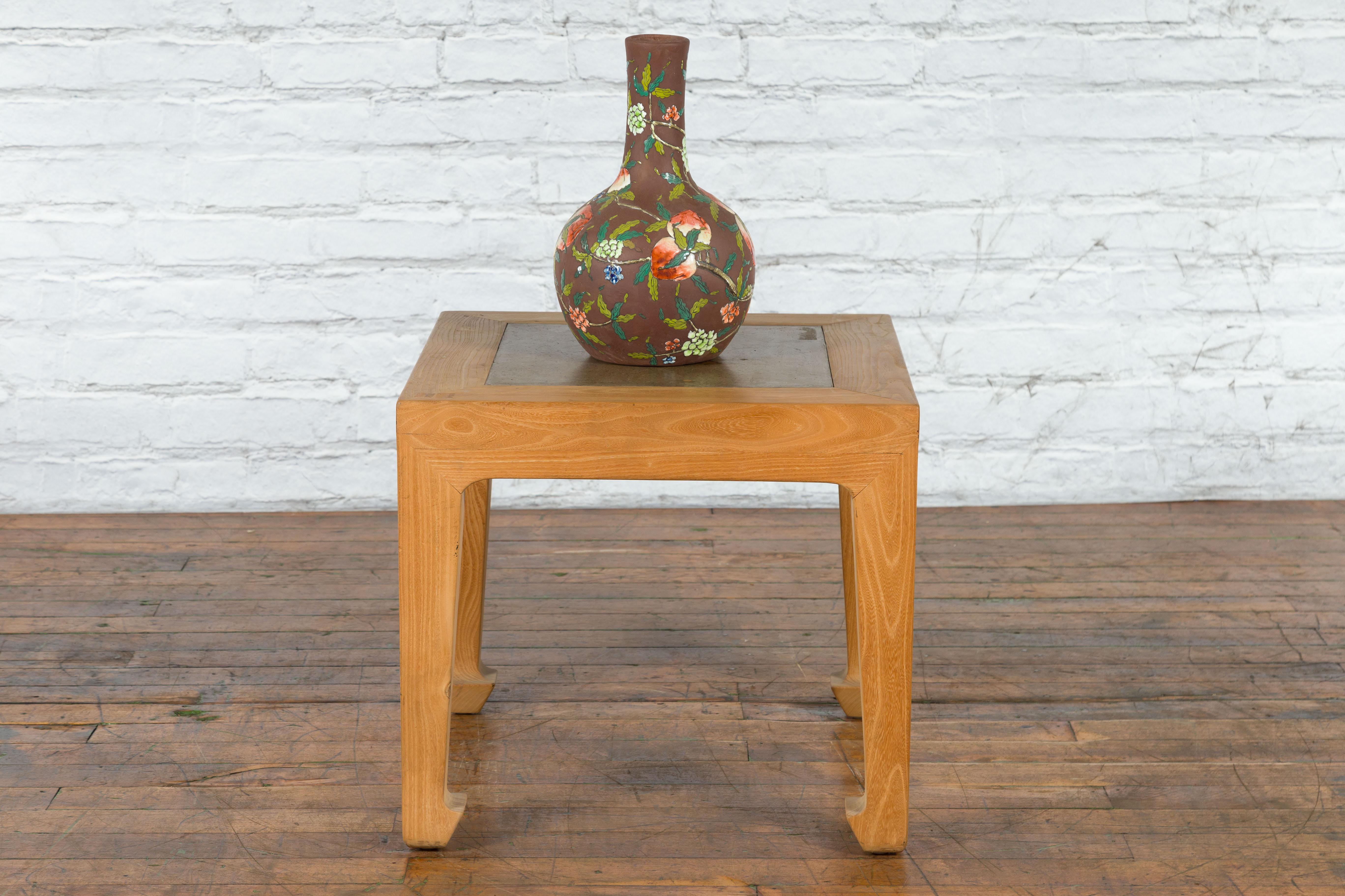 Chinese Vintage Bleached Elmwood Square Side Table with Stone Tile Inset Top For Sale