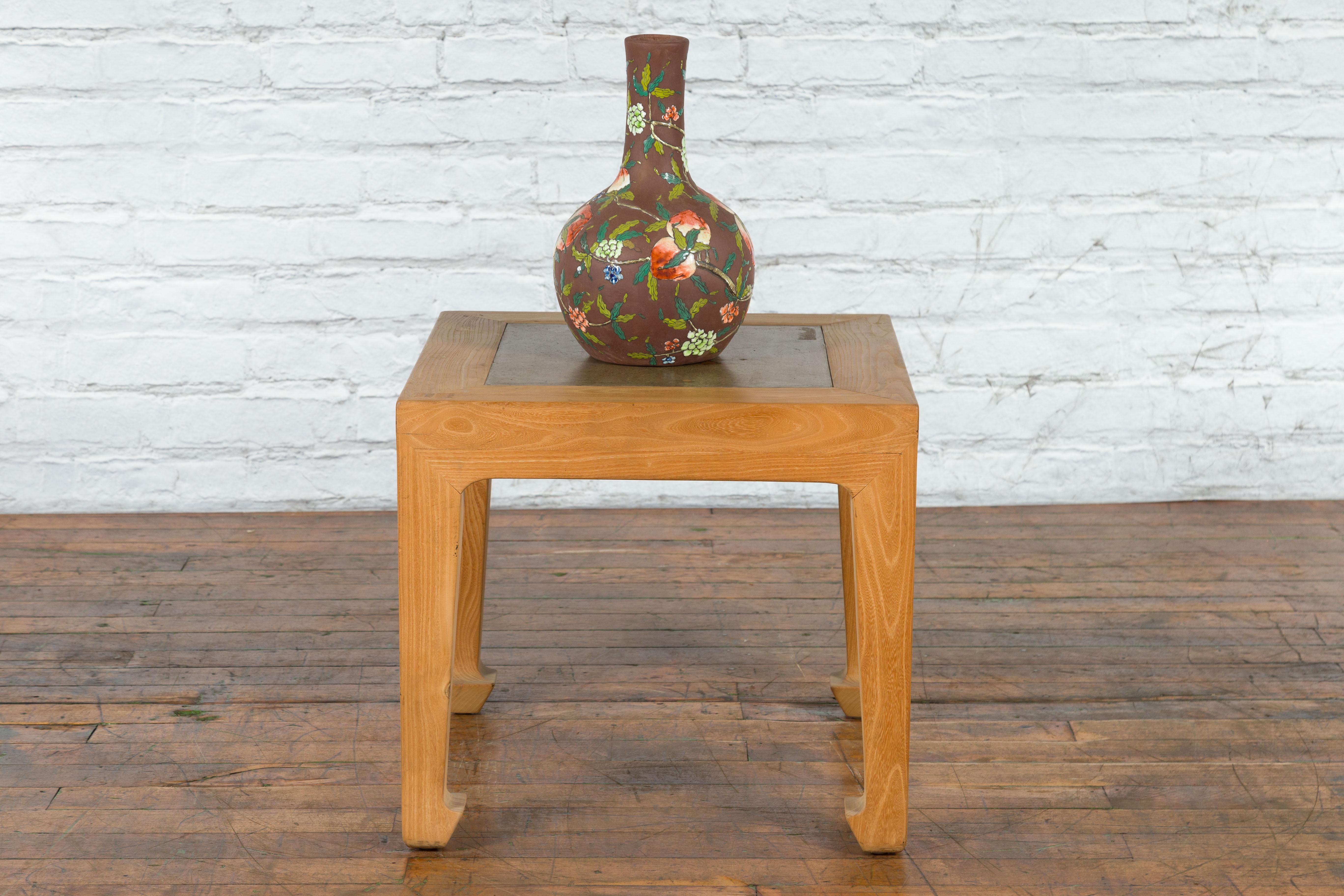 Vintage Chinese Bleached Elmwood Square Side Table with Stone Tile Inset Top In Good Condition For Sale In Yonkers, NY