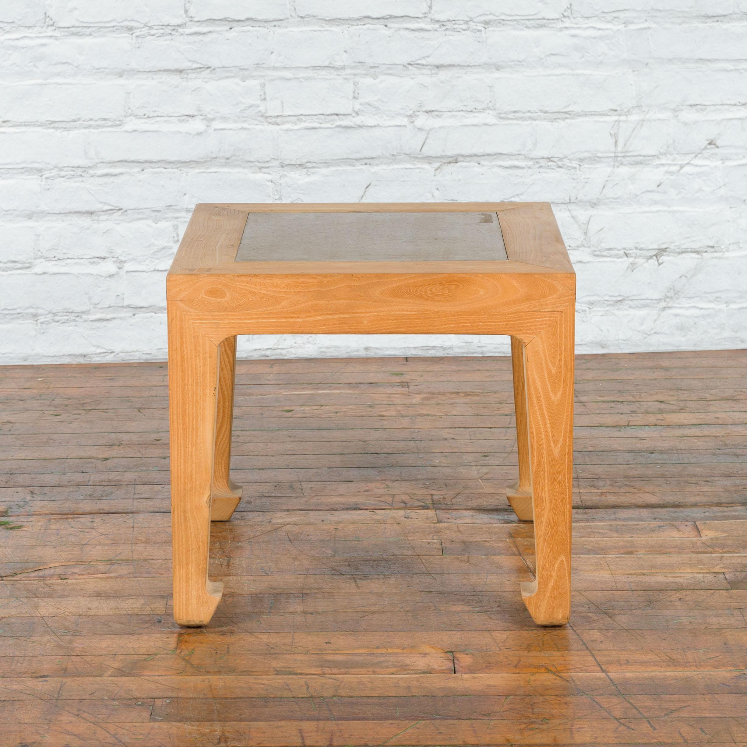 20th Century Vintage Bleached Elmwood Square Side Table with Stone Tile Inset Top For Sale