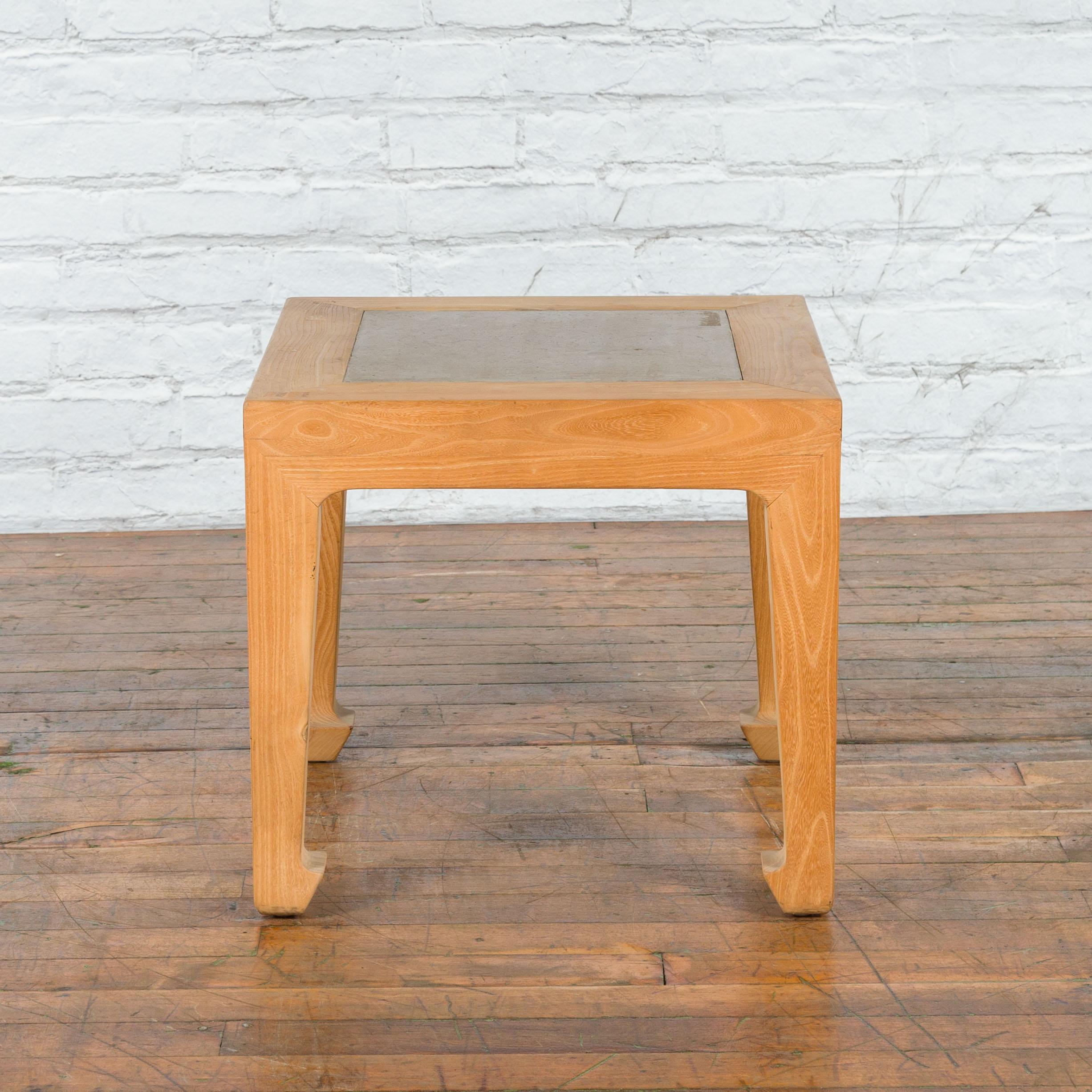 Vintage Chinese Bleached Elmwood Square Side Table with Stone Tile Inset Top For Sale 1