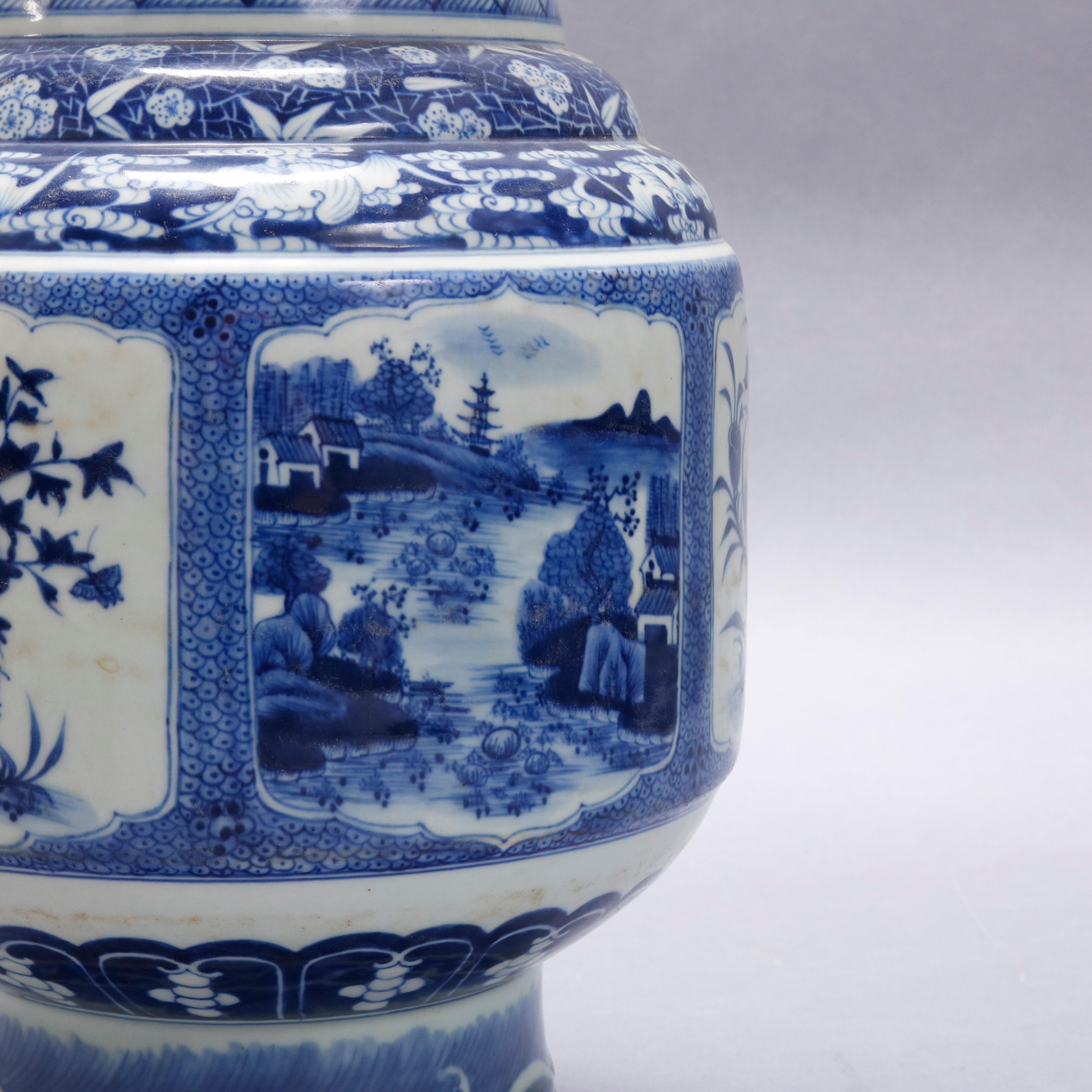 Vintage Chinese Blue and White Landscape Porcelain Tall Vase, 20th Century 1