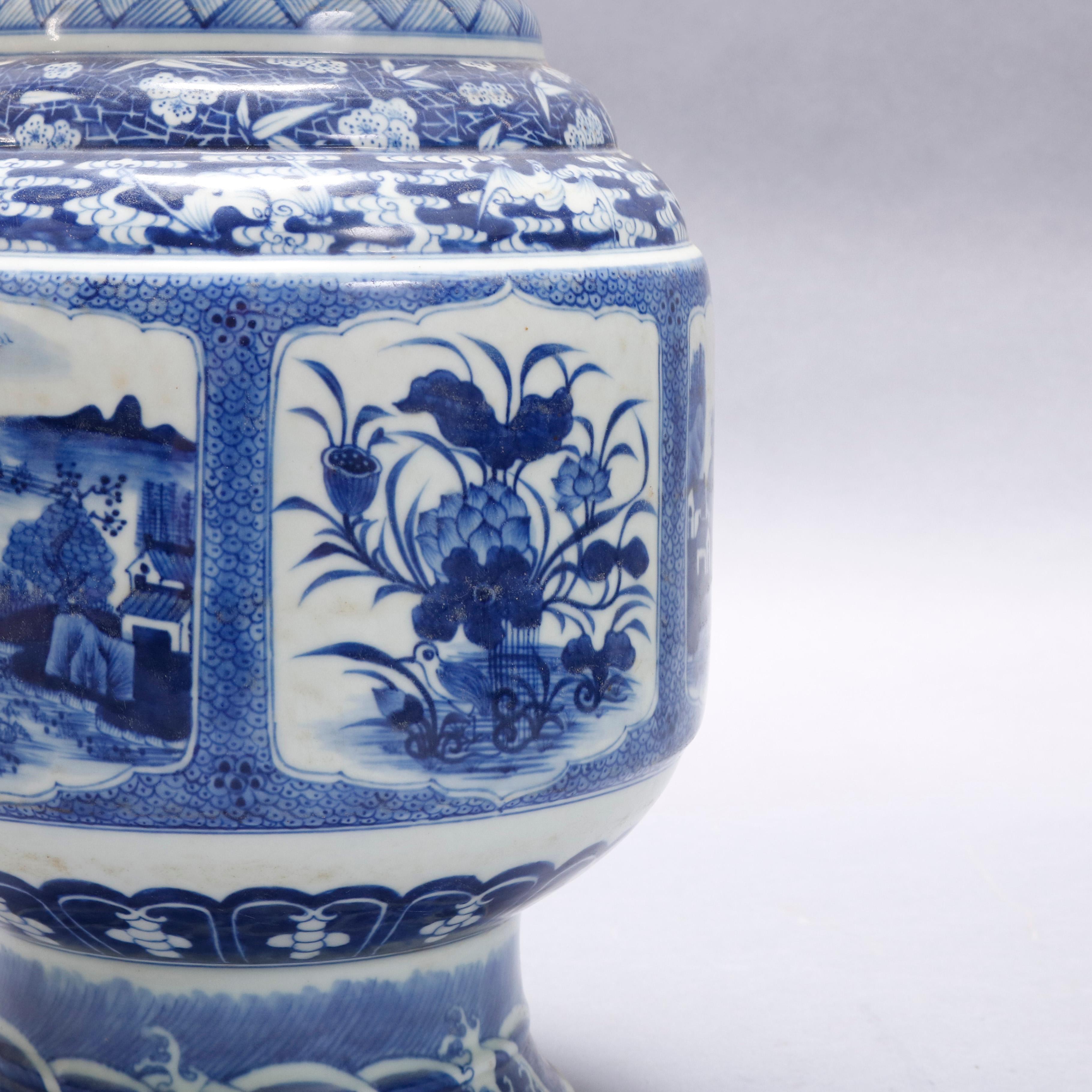 Vintage Chinese Blue and White Landscape Porcelain Tall Vase, 20th Century 2