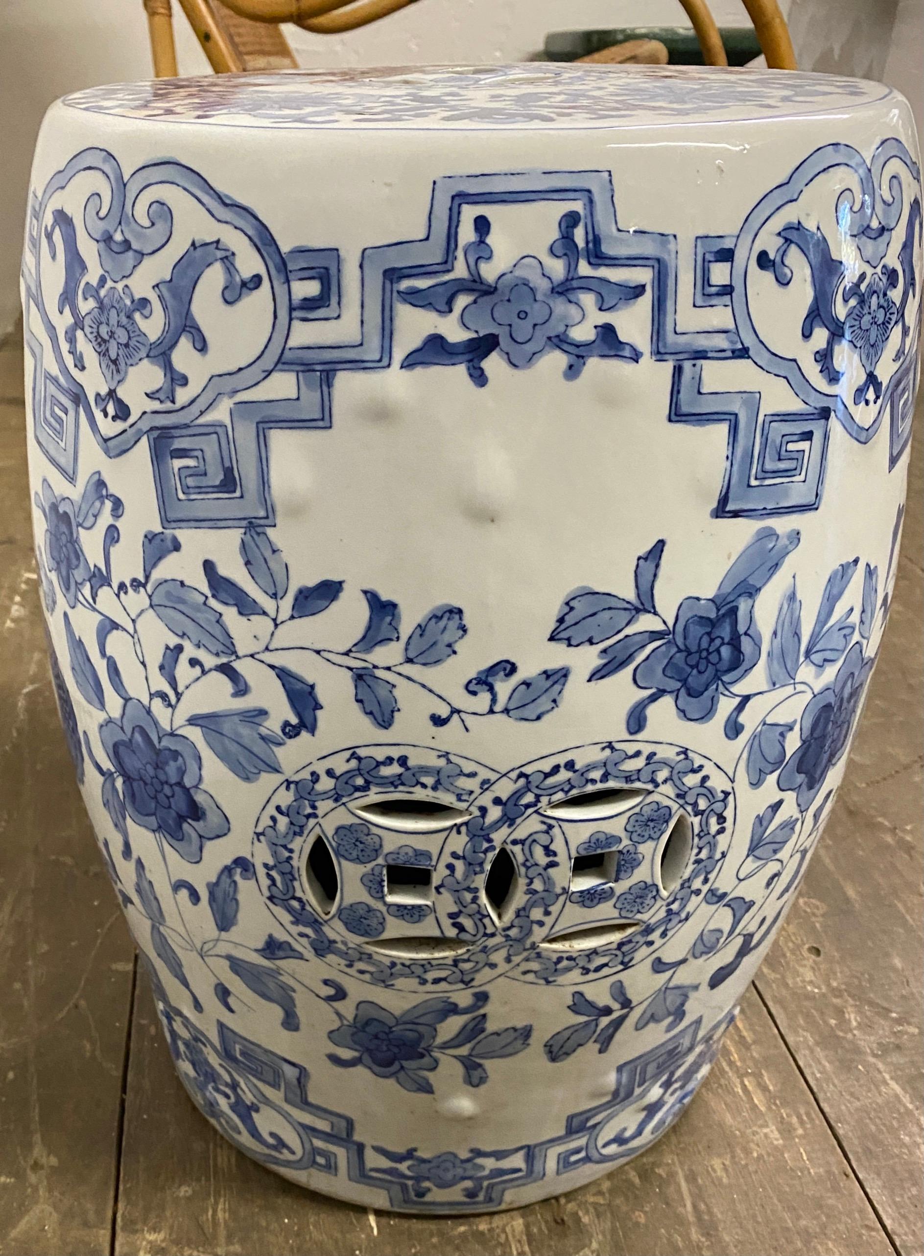 Vintage Chinese export porcelain blue white garden drum seat or stool with dragon and phoenix decoration. Can be used as side table, end table or occasional table.