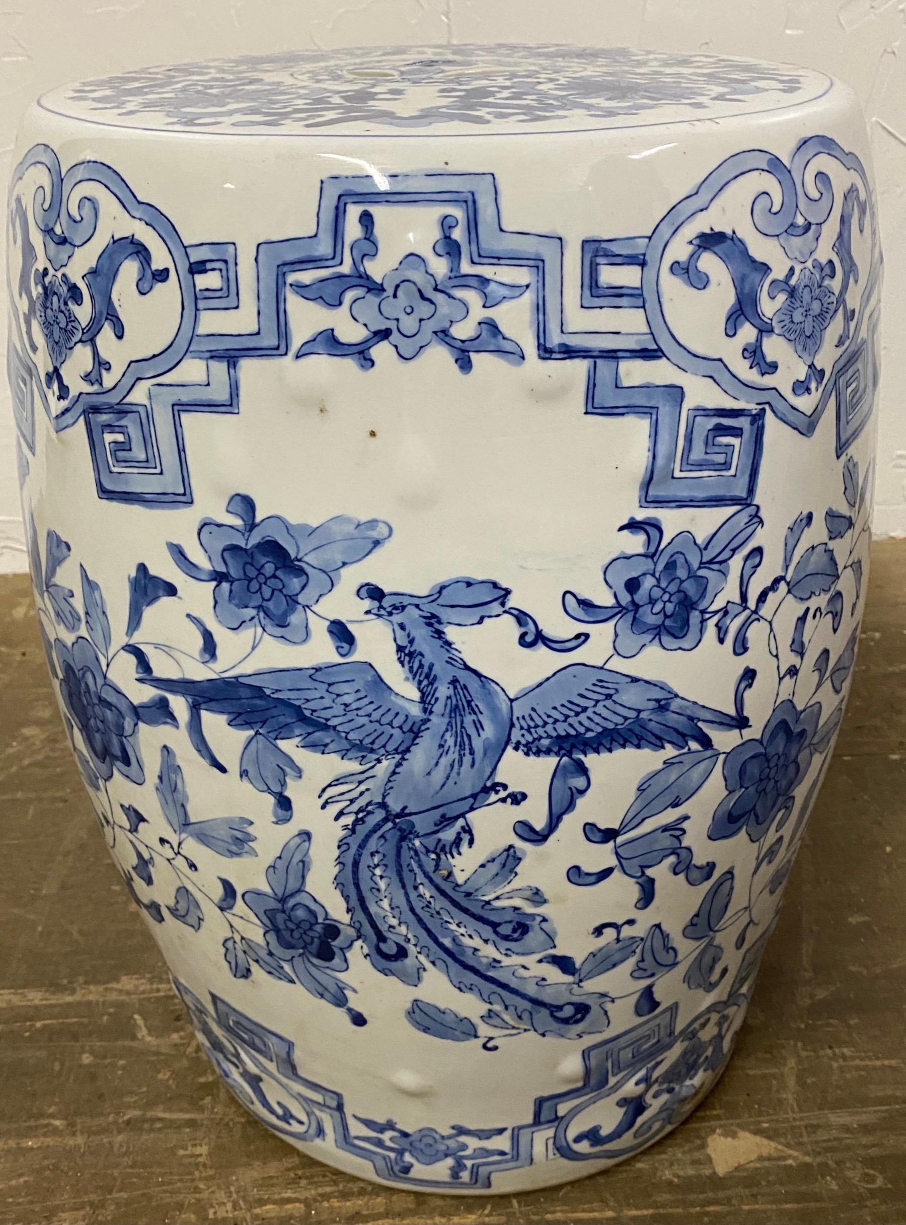 Vintage Chinese Blue and White Painted Porcelain Garden Stool In Good Condition In Sheffield, MA