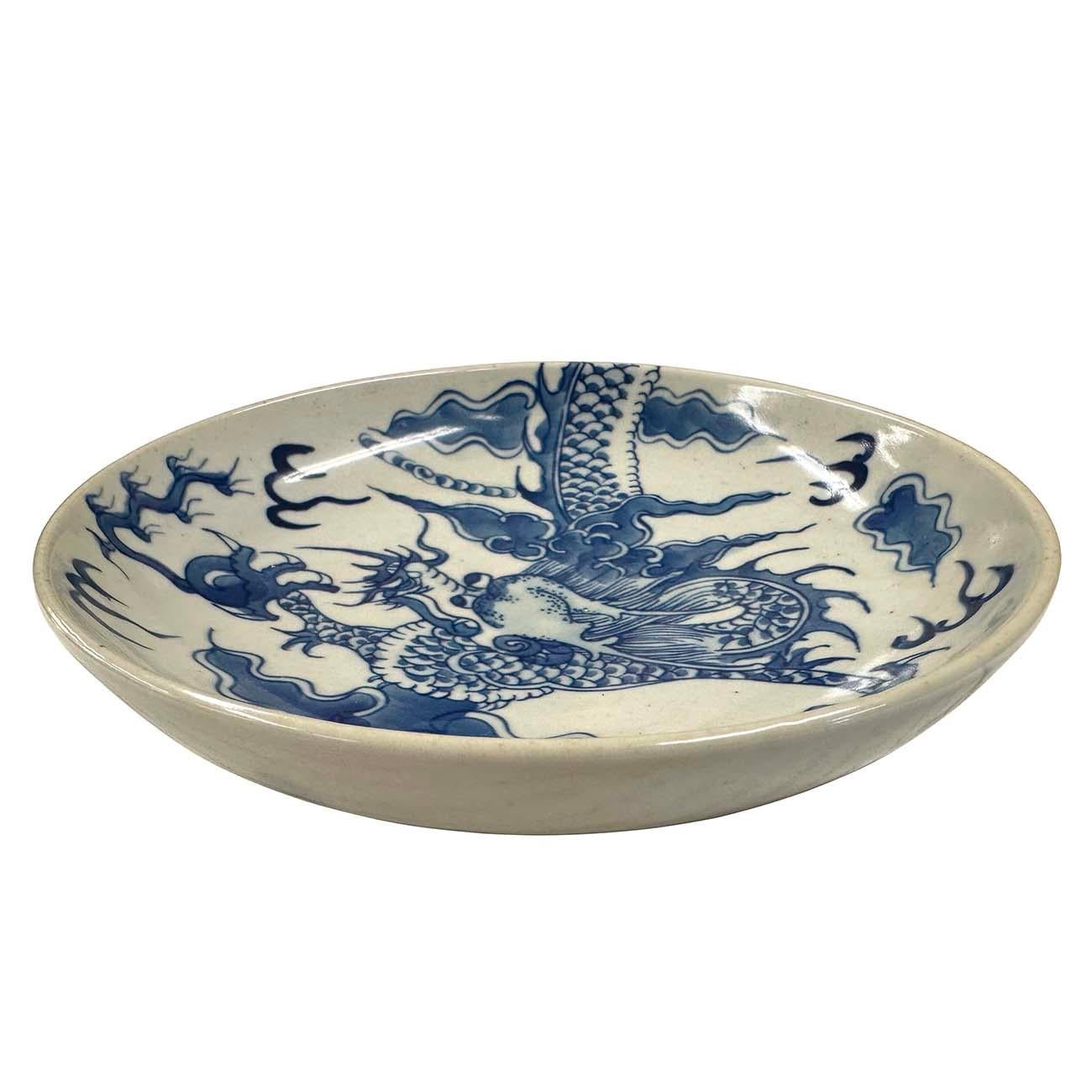 Chinese Export Vintage Chinese Blue and White Porcelain Dragon Plate
