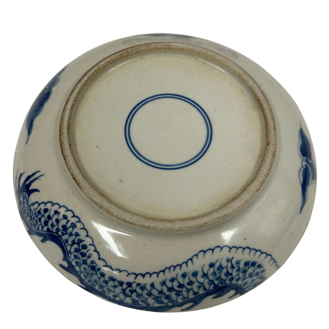 Chinese Export Vintage Chinese Blue and White Porcelain Dragon Plate For Sale