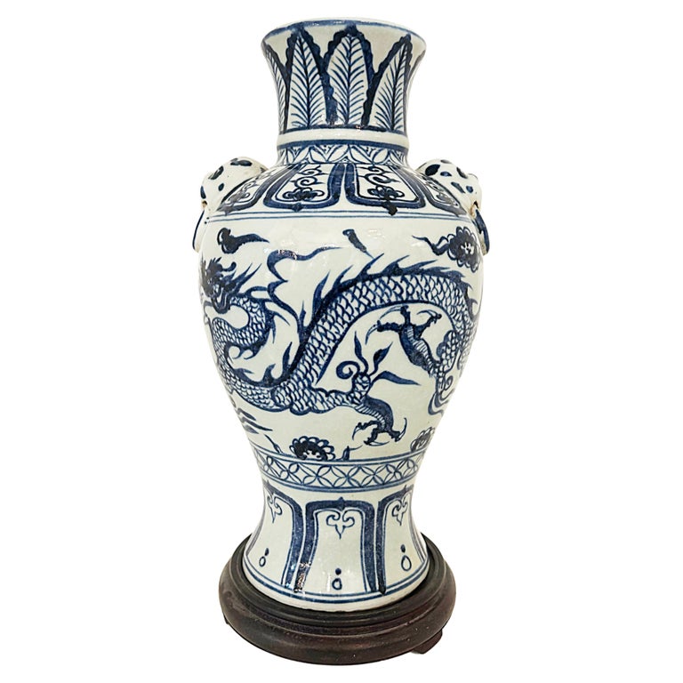 Vintage Chinese Blue and White Porcelain Dragon Vase on a Base For Sale