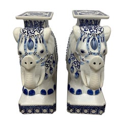 Vintage Chinese Blue and White Porcelain Elephant Garden Stools - a Pair